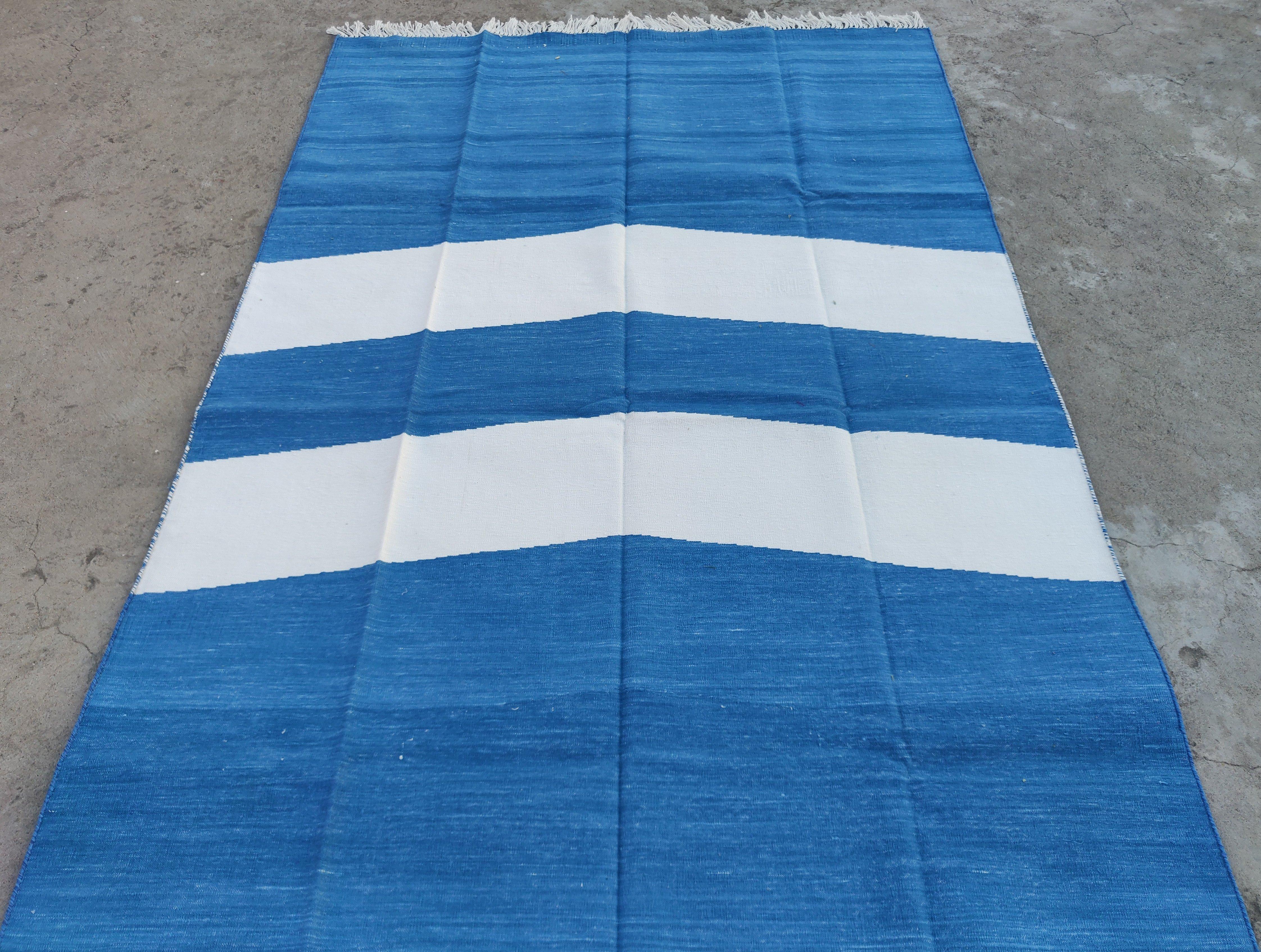 Handmade Cotton Area Flat Weave Rug, 5x8 Blue And White Striped Indian Dhurrie For Sale 1