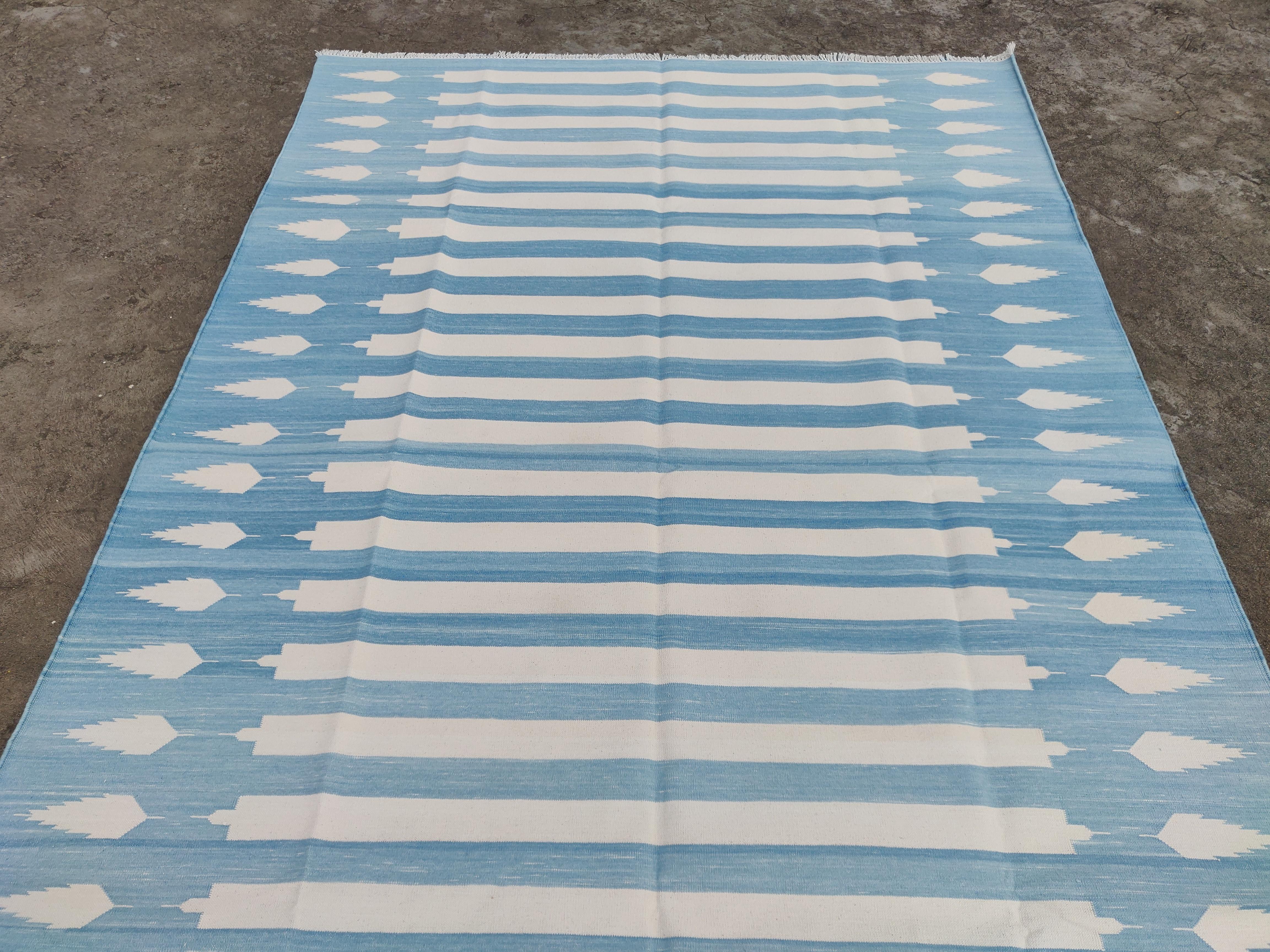 Handmade Cotton Area Flat Weave Rug, 5x8 Blue And White Striped Indian Dhurrie For Sale 2