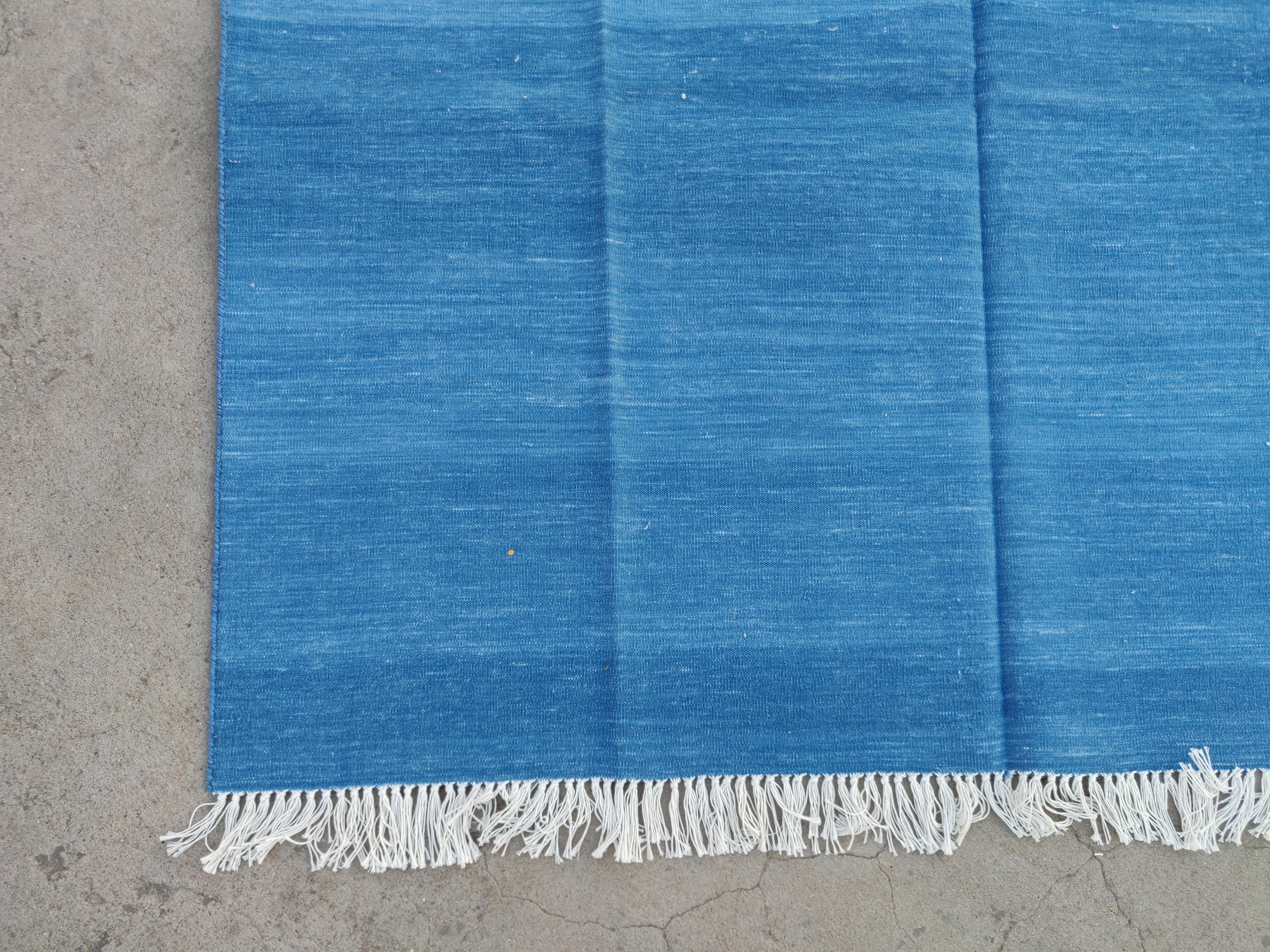 Handmade Cotton Area Flat Weave Rug, 5x8 Blue And White Striped Indian Dhurrie For Sale 2