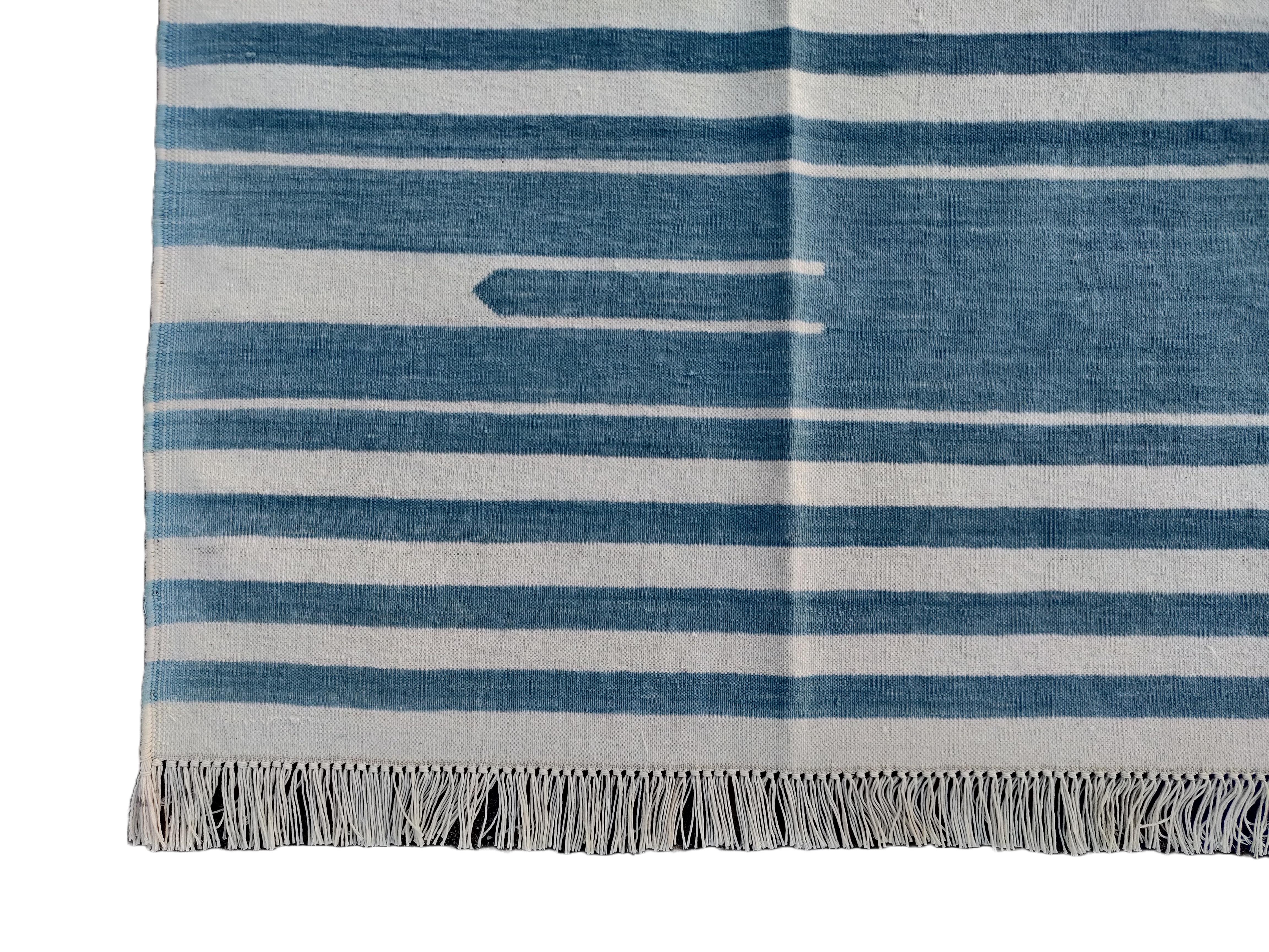 Handmade Cotton Area Flat Weave Rug, 5x8 Blue And White Striped Indian Dhurrie For Sale 3
