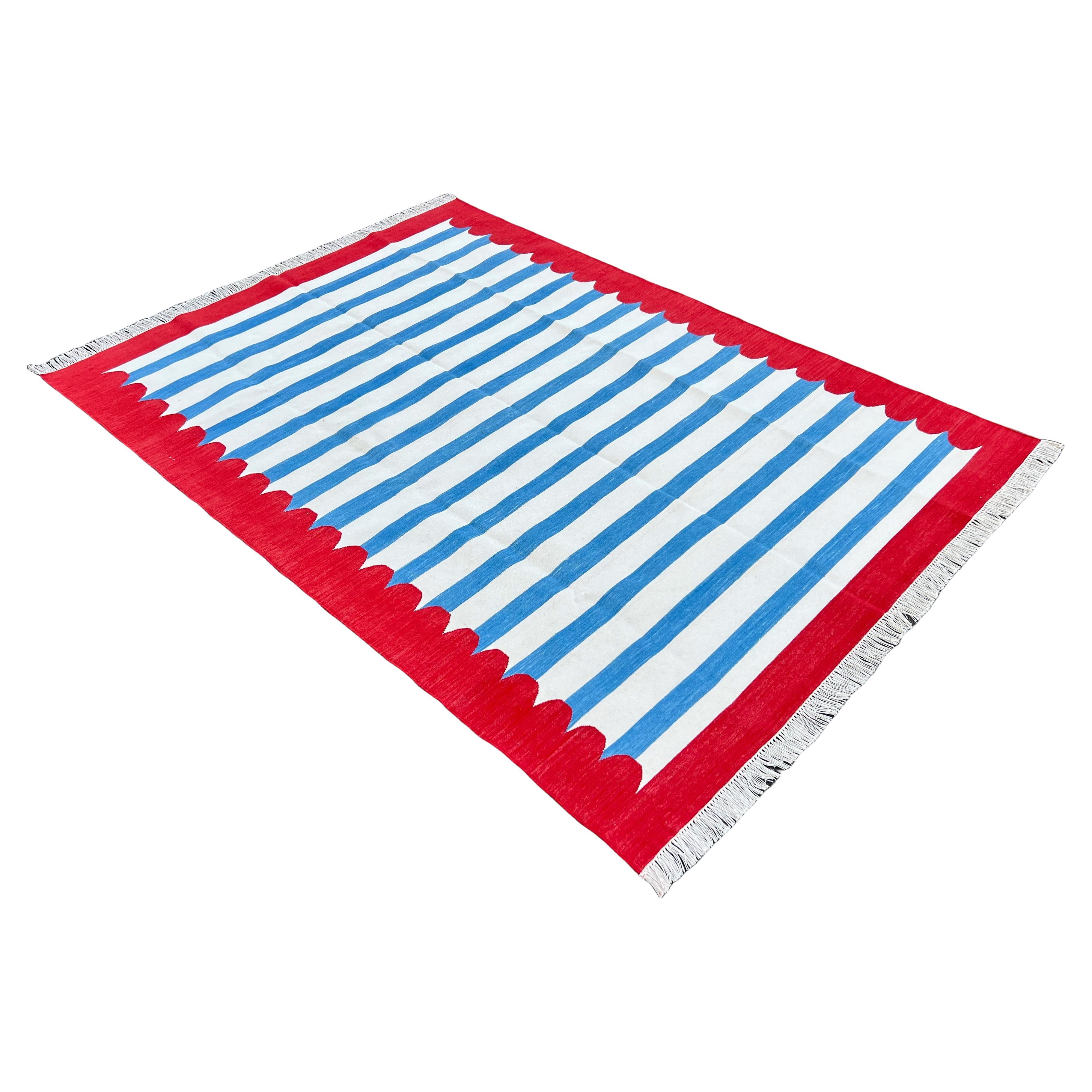 Tapis en coton tissé à plat, 5x8 Bleu, blanc, rouge rayé Indian Dhurrie