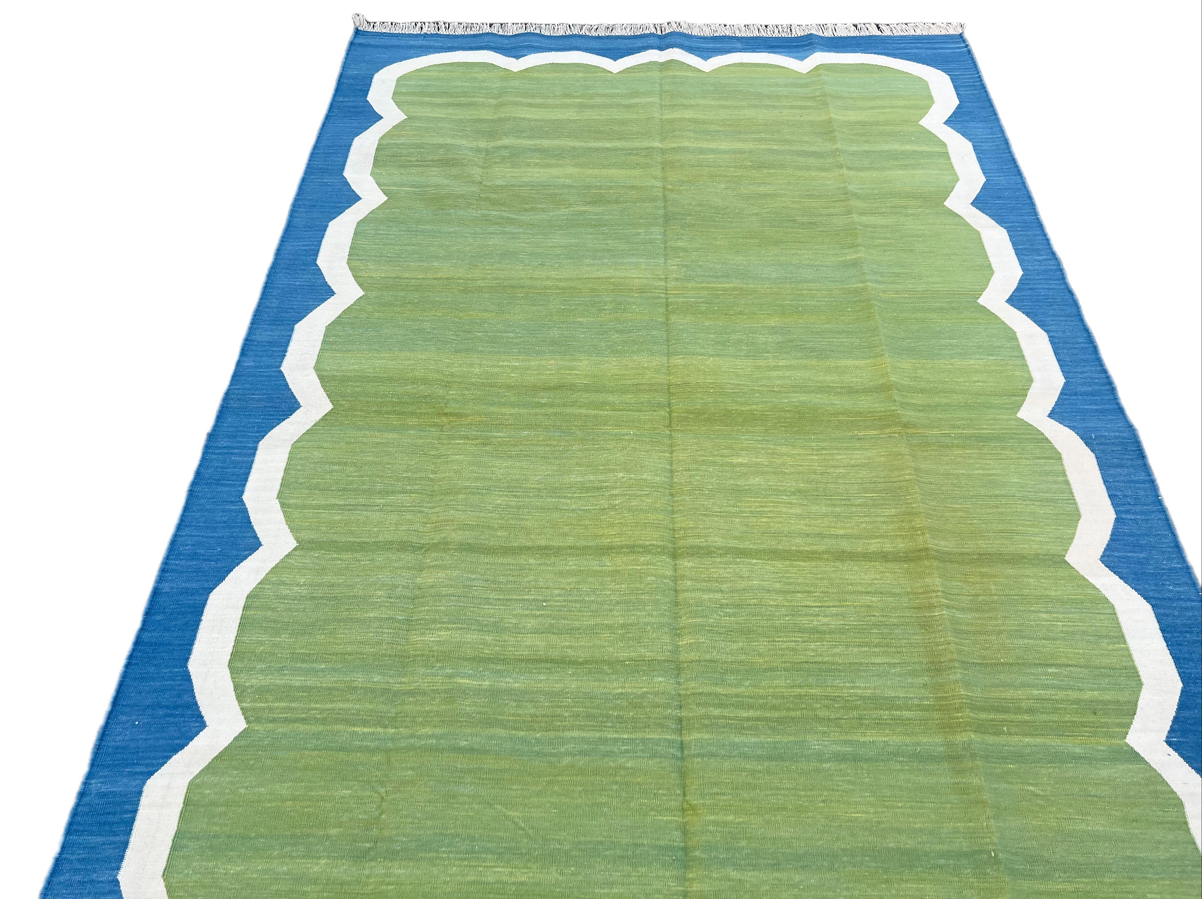Handmade Cotton Area Flat Weave Rug, 5x8 Green And Blue Scalloped Indian Dhurrie For Sale 1