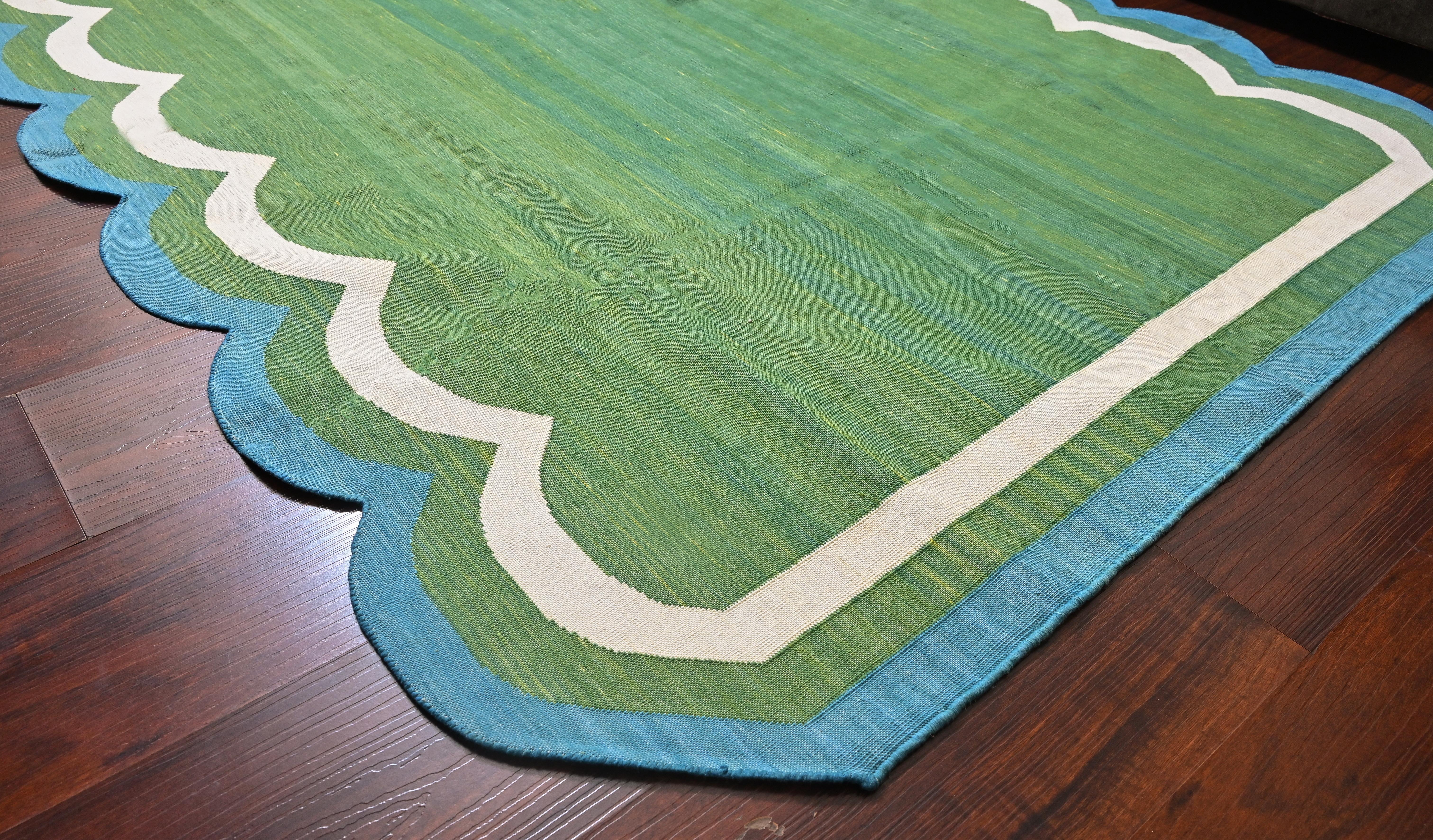 Mid-Century Modern Handmade Cotton Area Flat Weave Rug, 5x8 Green And Blue Scalloped Kilim Dhurrie For Sale