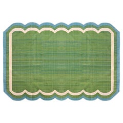 Tapis Kilim Dhurrie à tissage plat fait à la main, 5x8 vert et bleu festonné