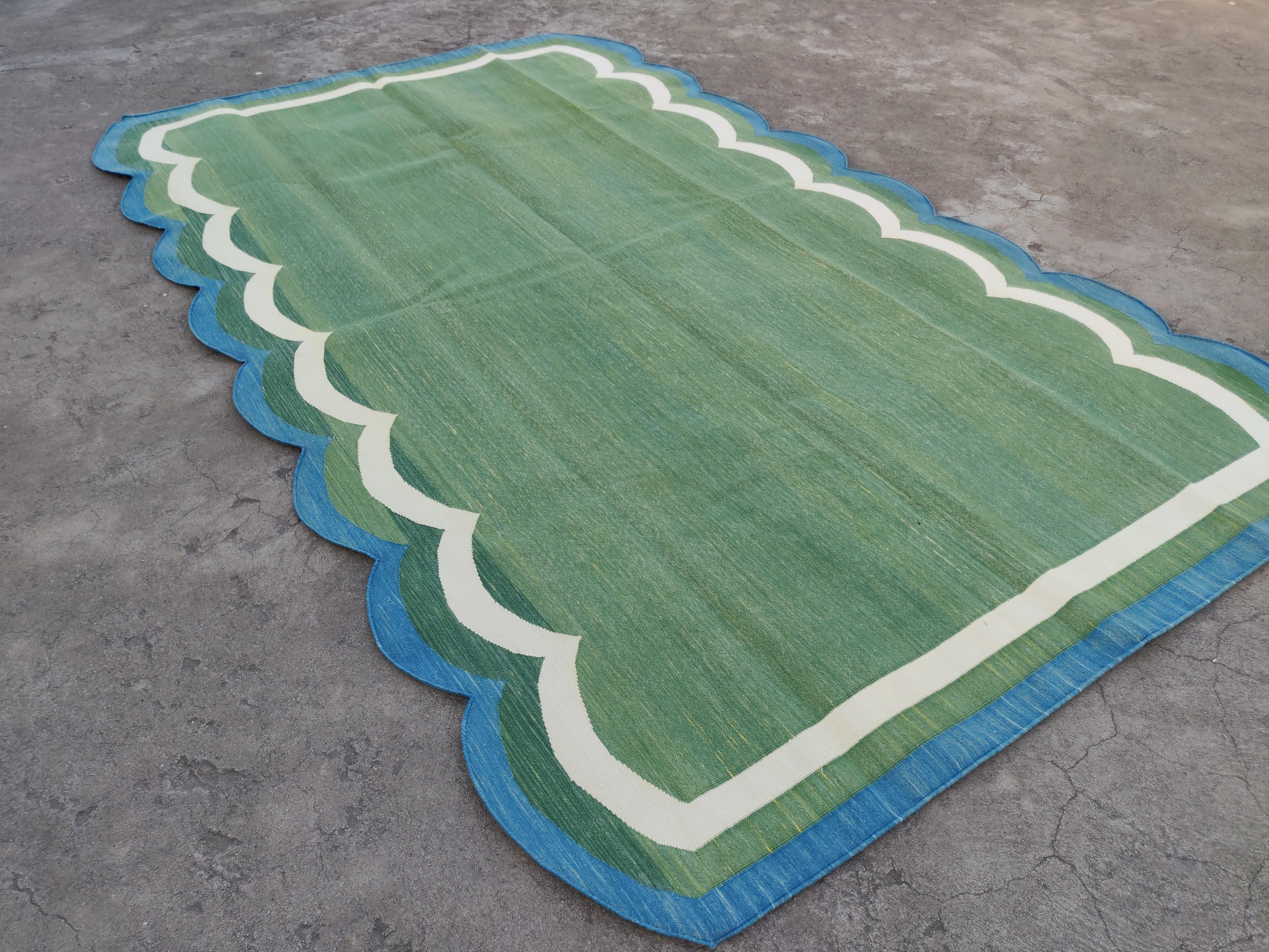 Mid-Century Modern Handmade Cotton Area Flat Weave Rug, 5x8 Green And Blue Scalloped Stripe Dhurrie For Sale