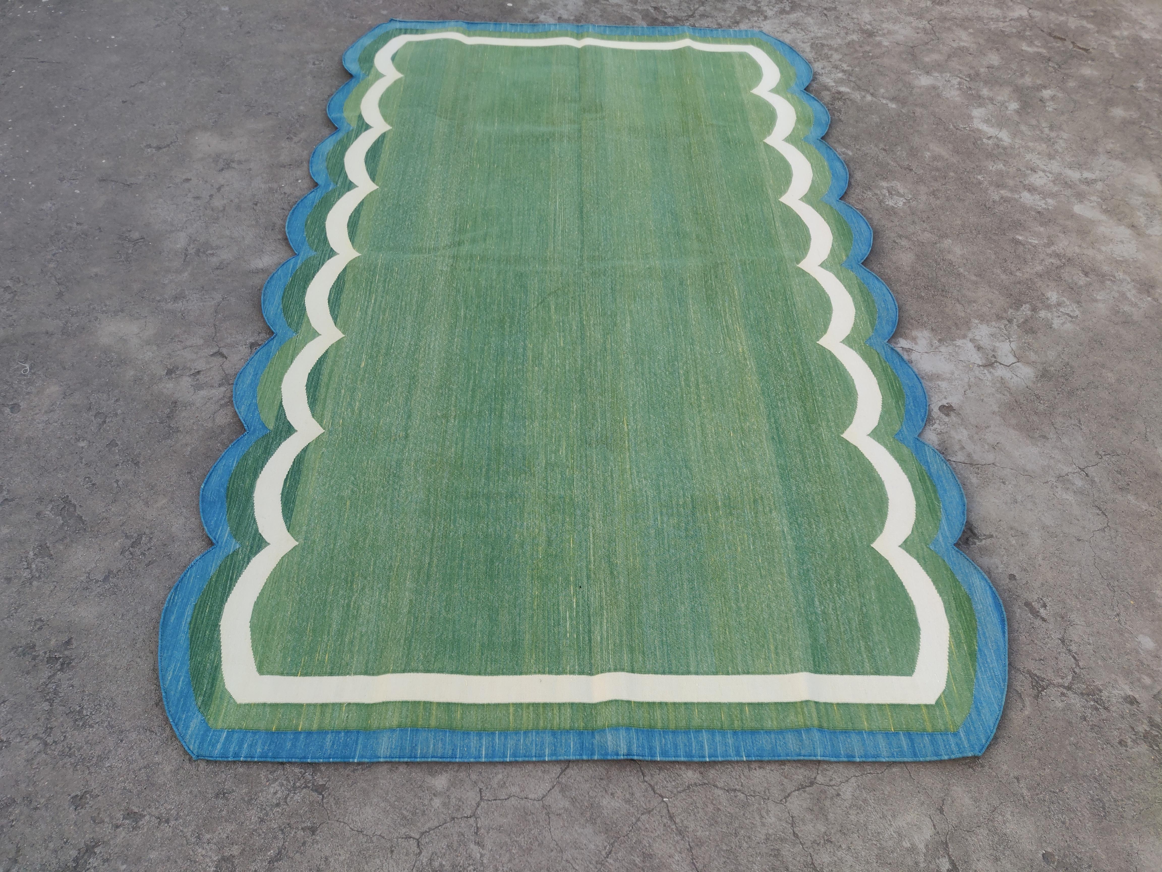 Indian Handmade Cotton Area Flat Weave Rug, 5x8 Green And Blue Scalloped Stripe Dhurrie For Sale