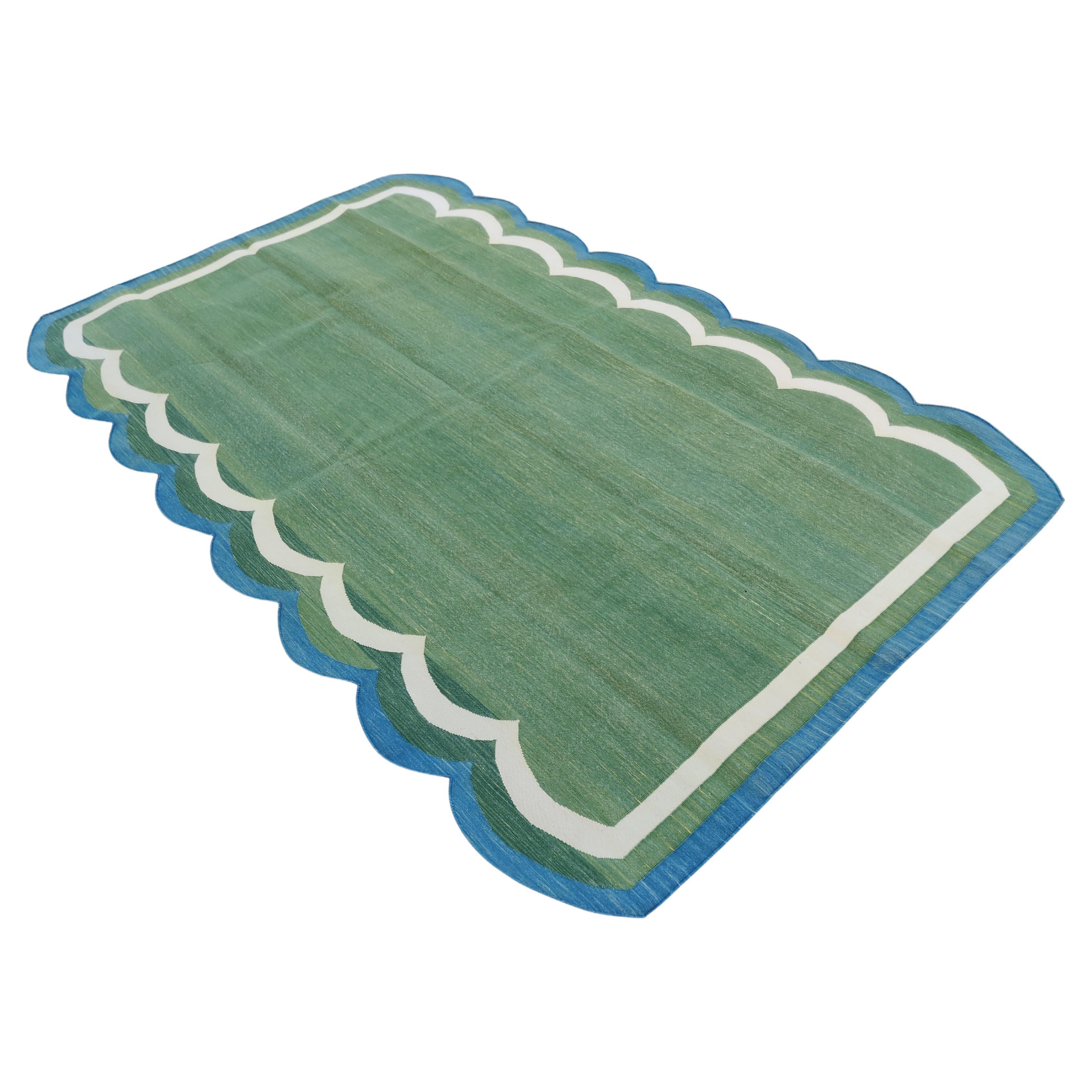 Handmade Cotton Area Flat Weave Rug, 5x8 Green And Blue Scalloped Stripe Dhurrie For Sale