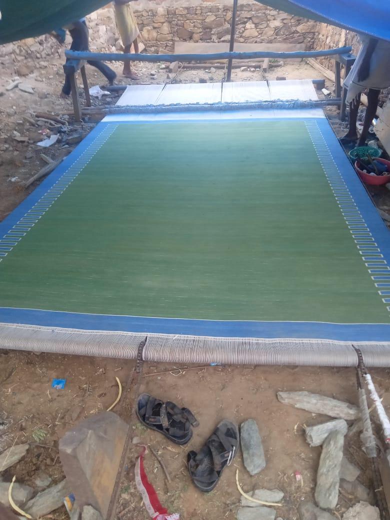 Handmade Cotton Area Flat Weave Rug, 5x8 Green And Blue Zig Zag Striped Dhurrie For Sale 4