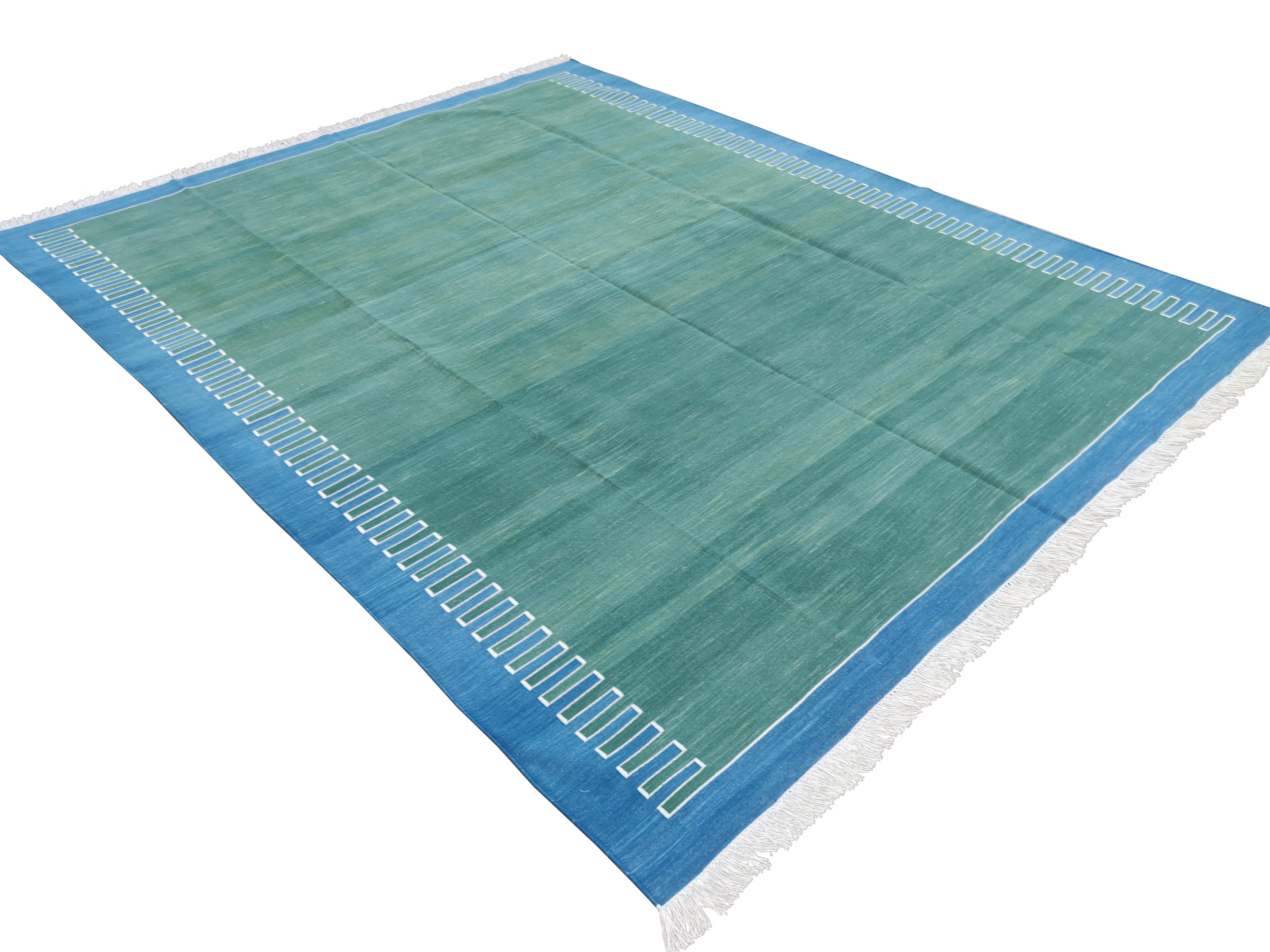 Cotton Natural Vegetable Dyed, Green, Cream & Blue Zig Zag Striped Indian Rug-5'x8'
These special flat-weave dhurries are hand-woven with 15 ply 100% cotton yarn. Due to the special manufacturing techniques used to create our rugs, the size and