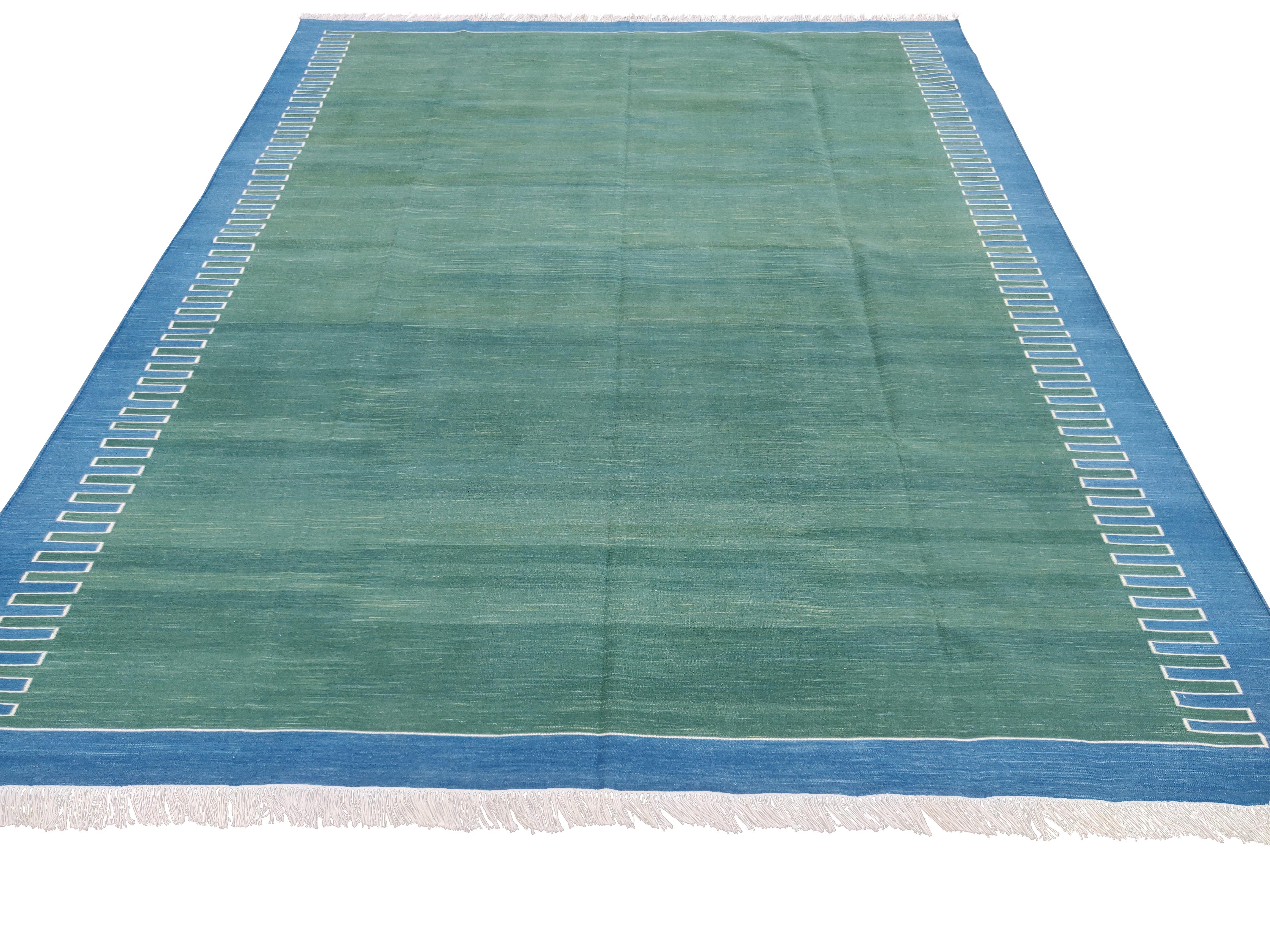 Indian Handmade Cotton Area Flat Weave Rug, 5x8 Green And Blue Zig Zag Striped Dhurrie For Sale