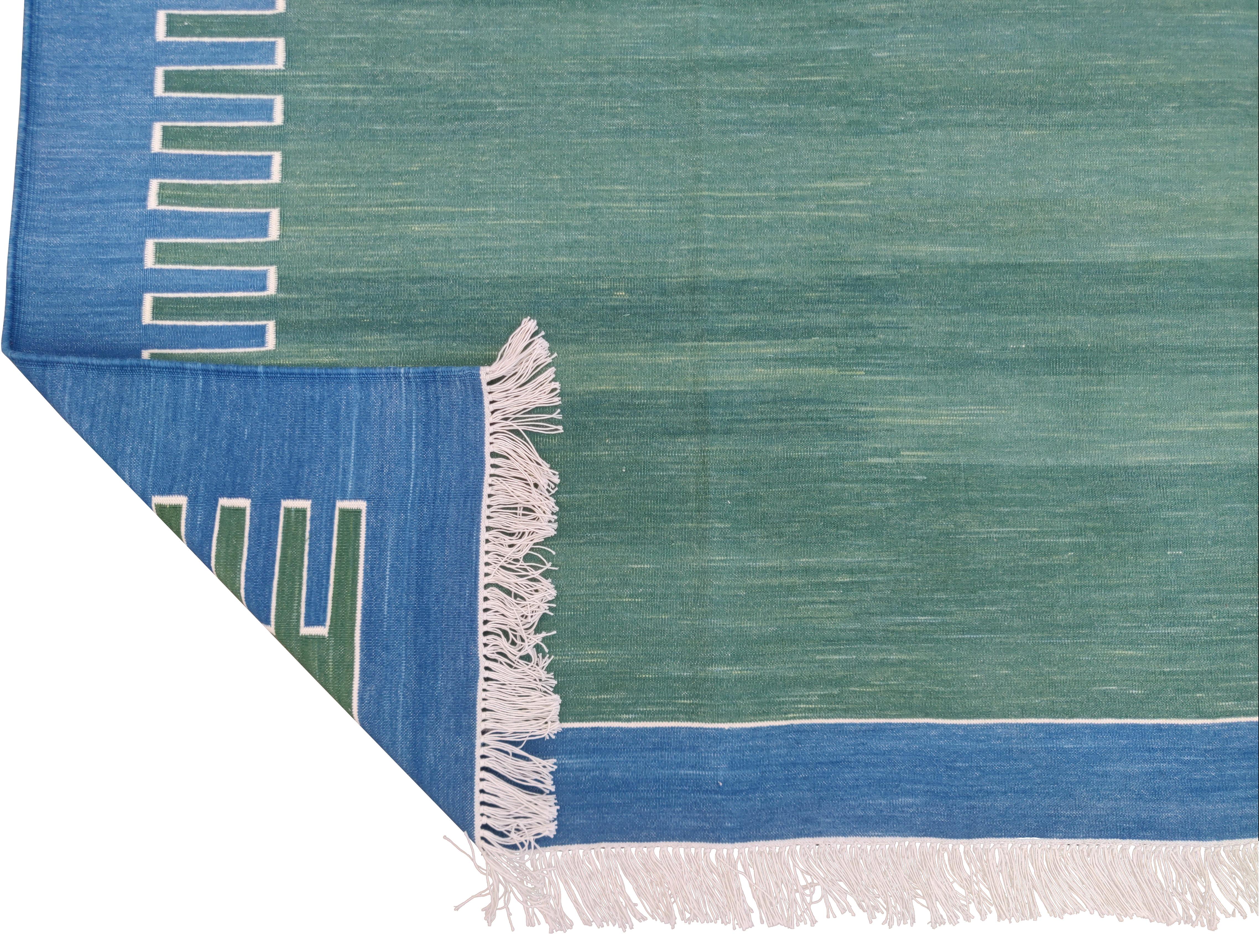 Contemporary Handmade Cotton Area Flat Weave Rug, 5x8 Green And Blue Zig Zag Striped Dhurrie For Sale