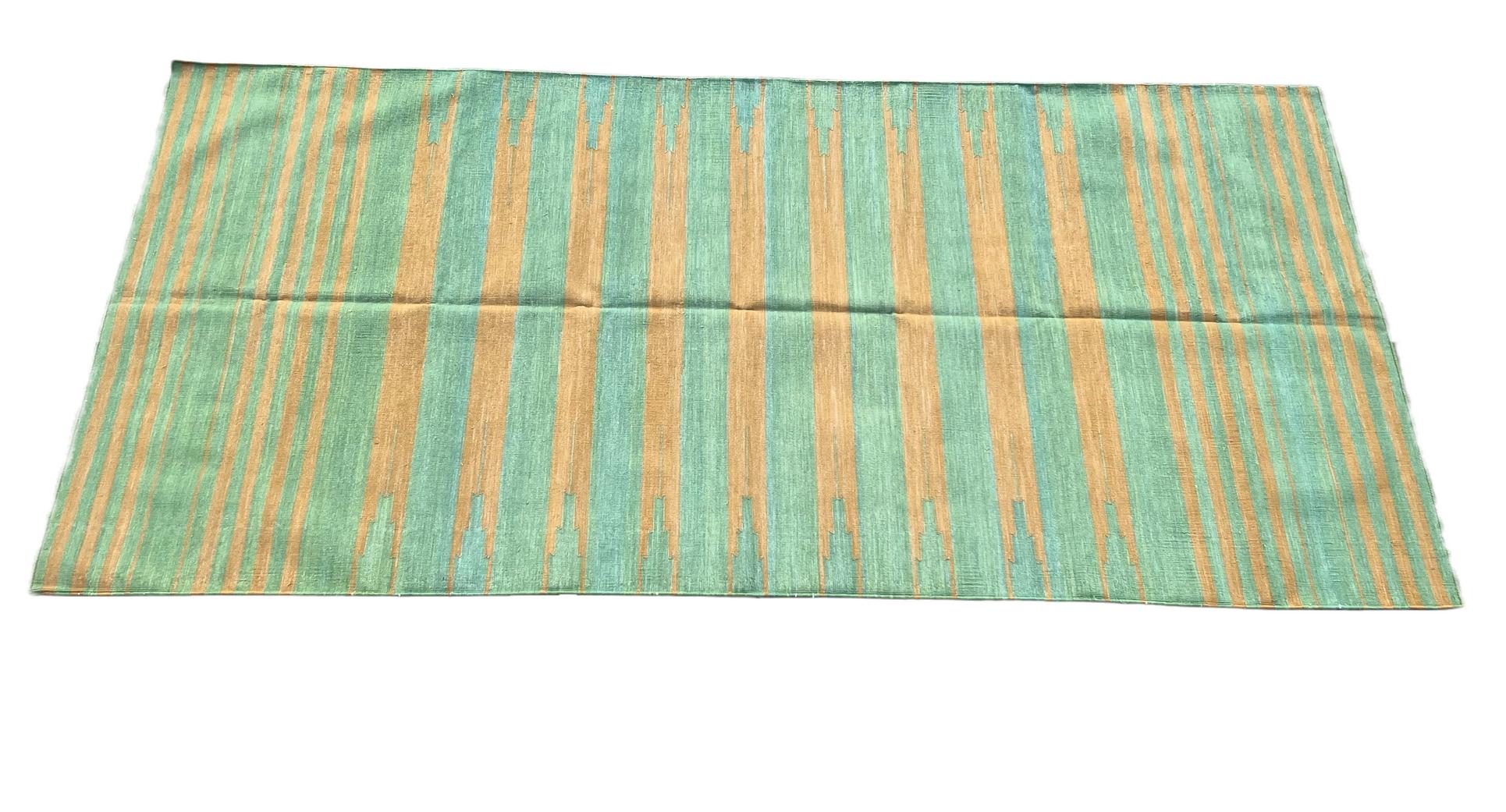 Handmade Cotton Area Flat Weave Rug, 5x8 Green And Mustard Stripe Indian Dhurrie For Sale 4