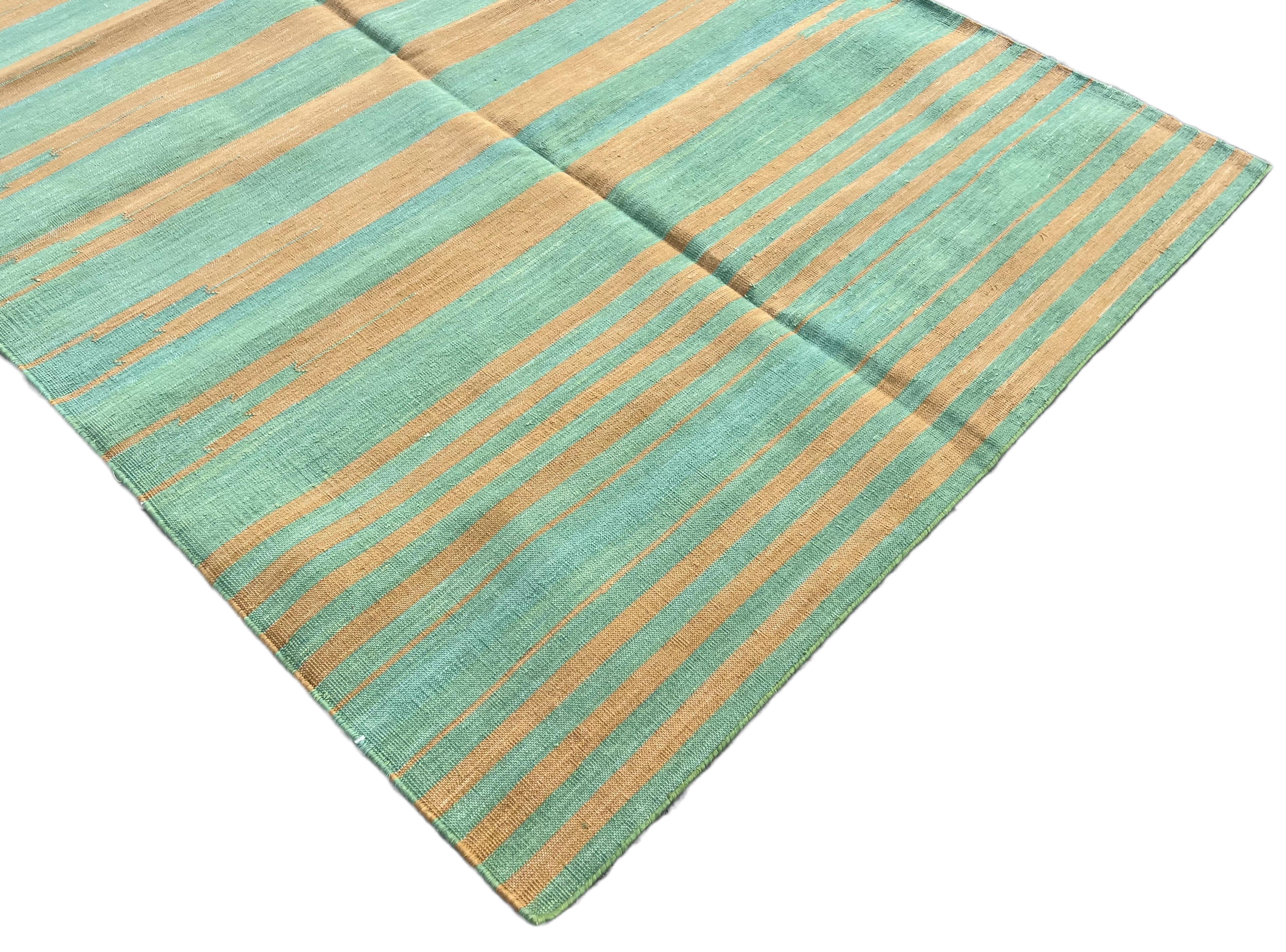 Mid-Century Modern Handmade Cotton Area Flat Weave Rug, 5x8 Green And Mustard Stripe Indian Dhurrie For Sale