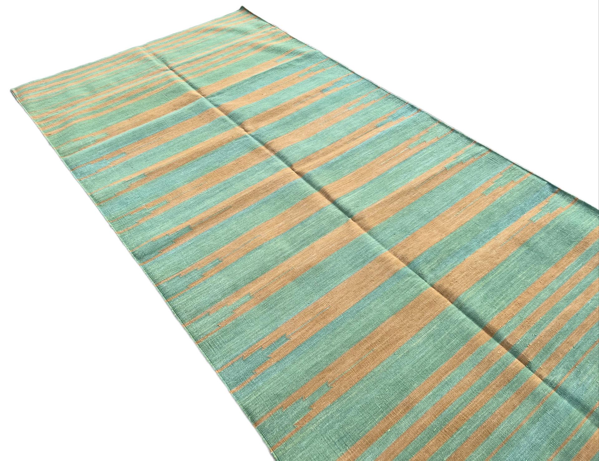 Hand-Woven Handmade Cotton Area Flat Weave Rug, 5x8 Green And Mustard Stripe Indian Dhurrie For Sale