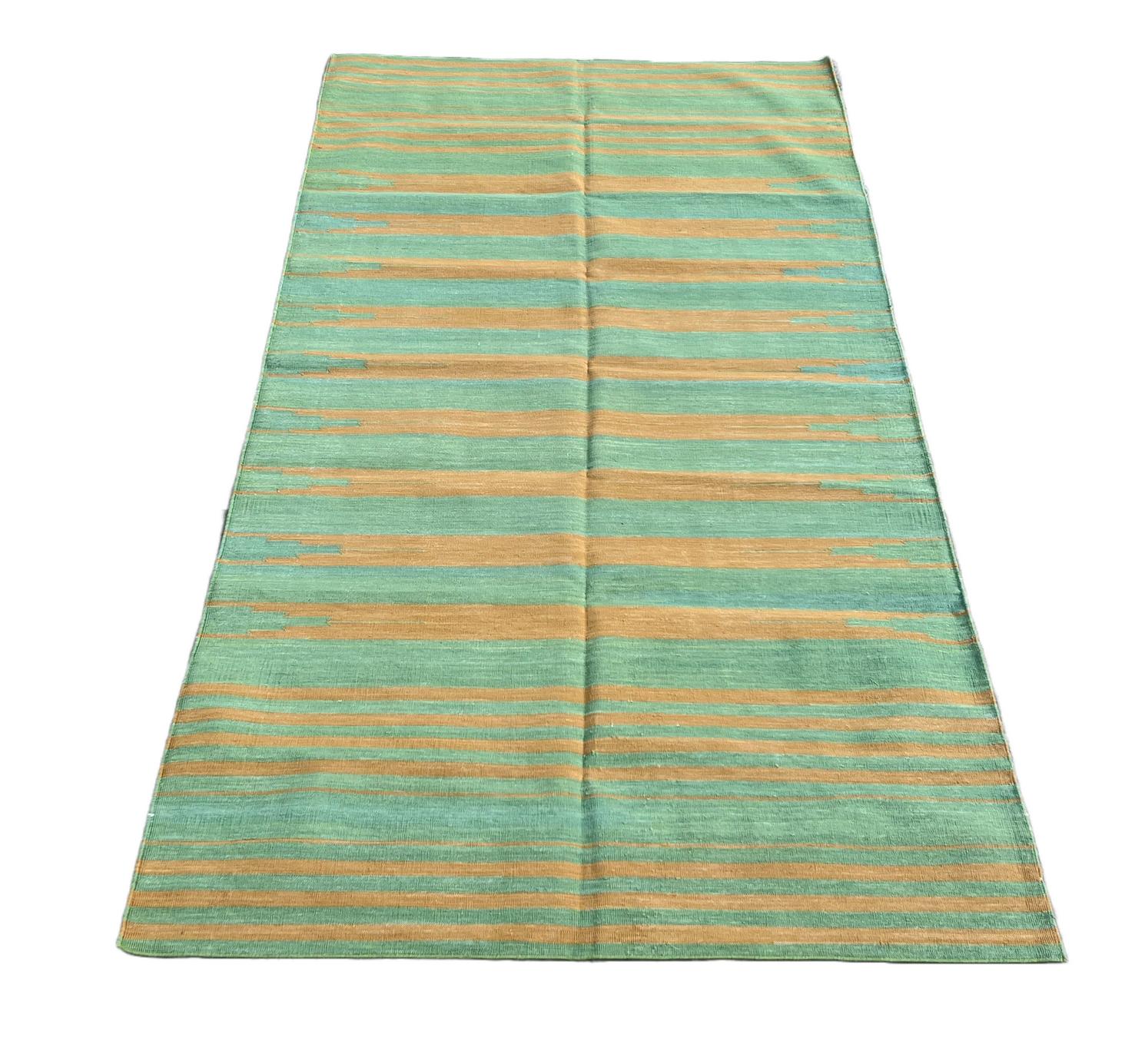 Handmade Cotton Area Flat Weave Rug, 5x8 Green And Mustard Stripe Indian Dhurrie In New Condition For Sale In Jaipur, IN