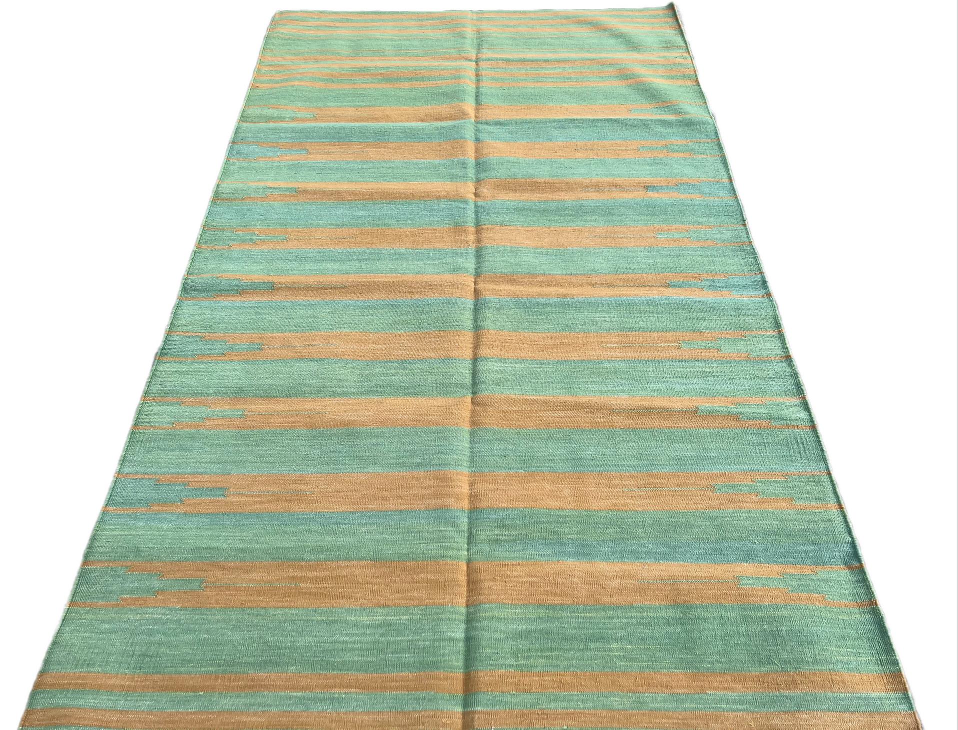 Contemporary Handmade Cotton Area Flat Weave Rug, 5x8 Green And Mustard Stripe Indian Dhurrie For Sale