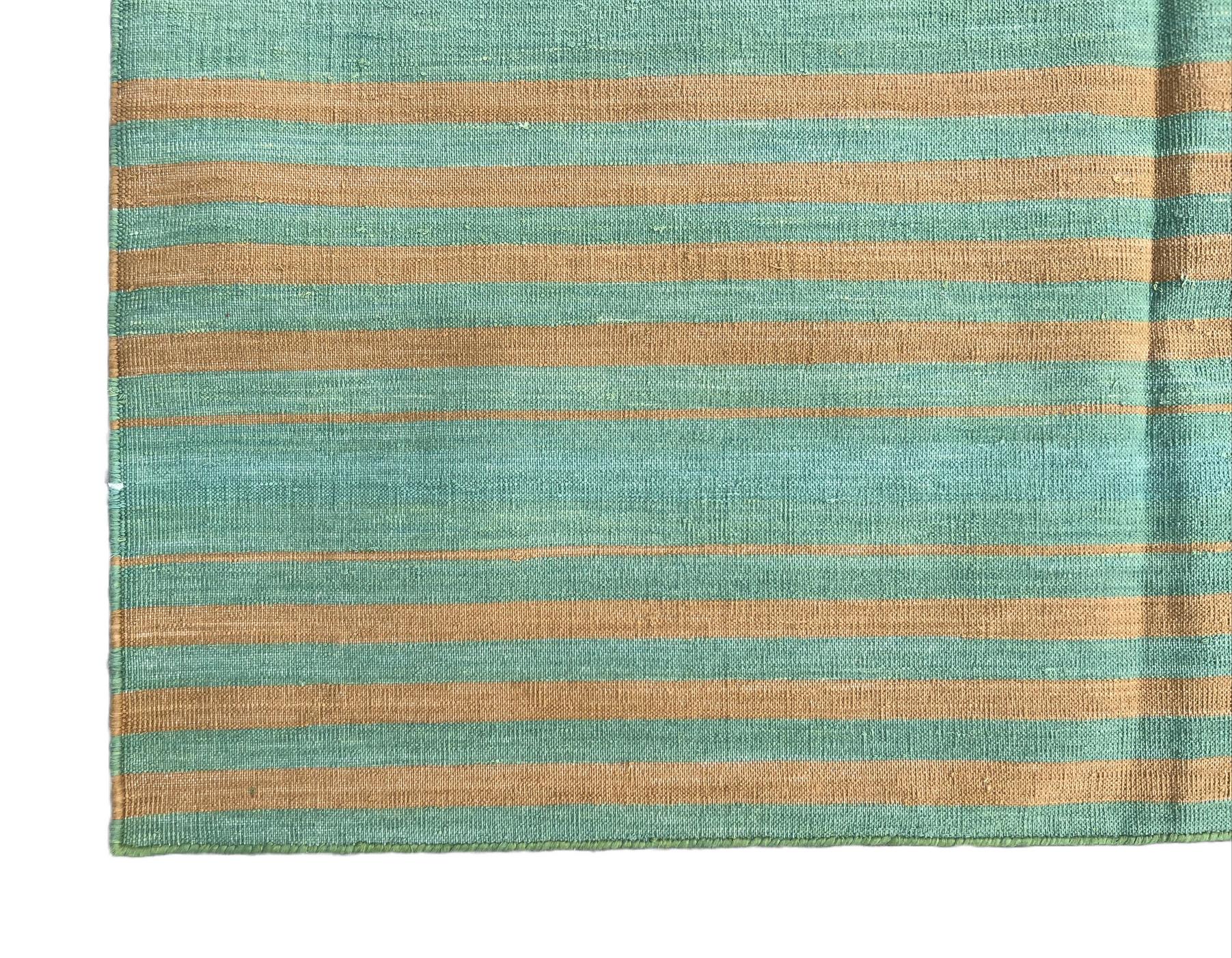 Handmade Cotton Area Flat Weave Rug, 5x8 Green And Mustard Stripe Indian Dhurrie For Sale 1