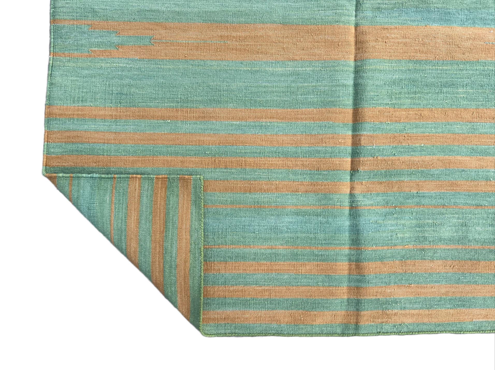 Handmade Cotton Area Flat Weave Rug, 5x8 Green And Mustard Stripe Indian Dhurrie For Sale 2