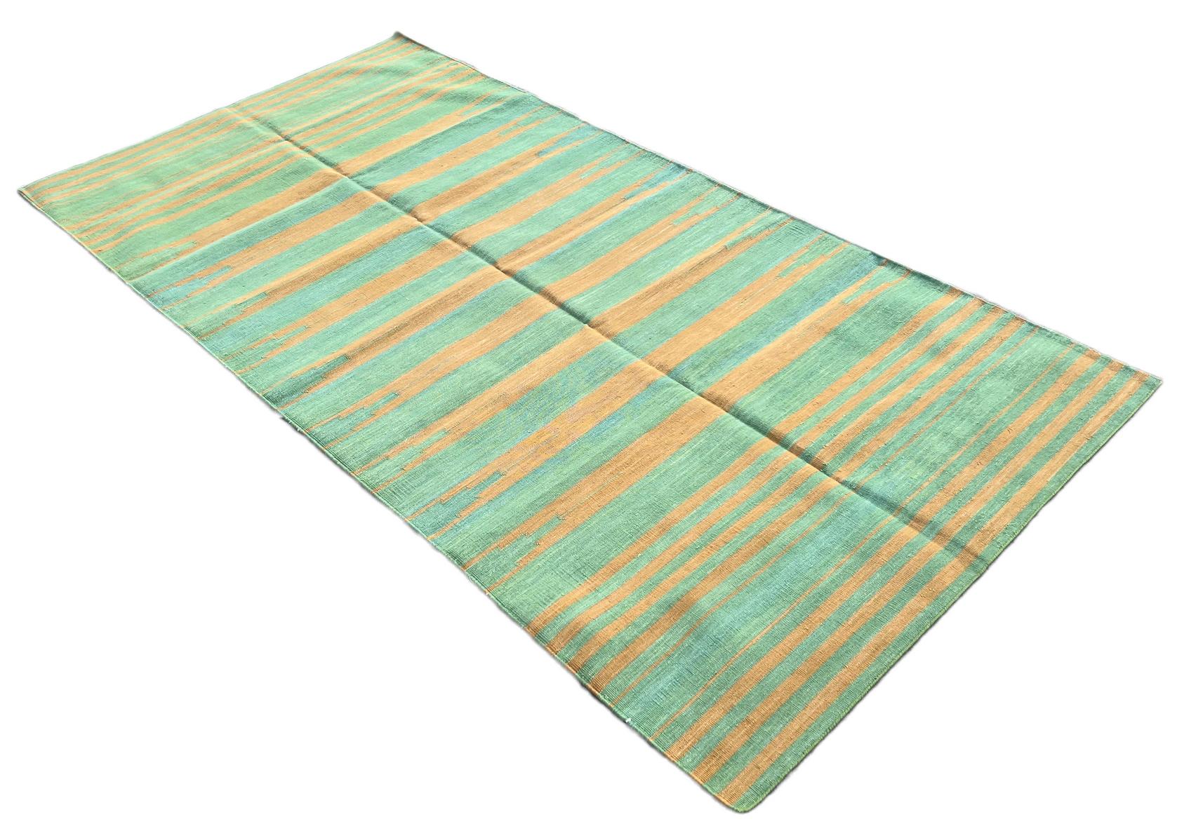 Handmade Cotton Area Flat Weave Rug, 5x8 Green And Mustard Stripe Indian Dhurrie For Sale 3