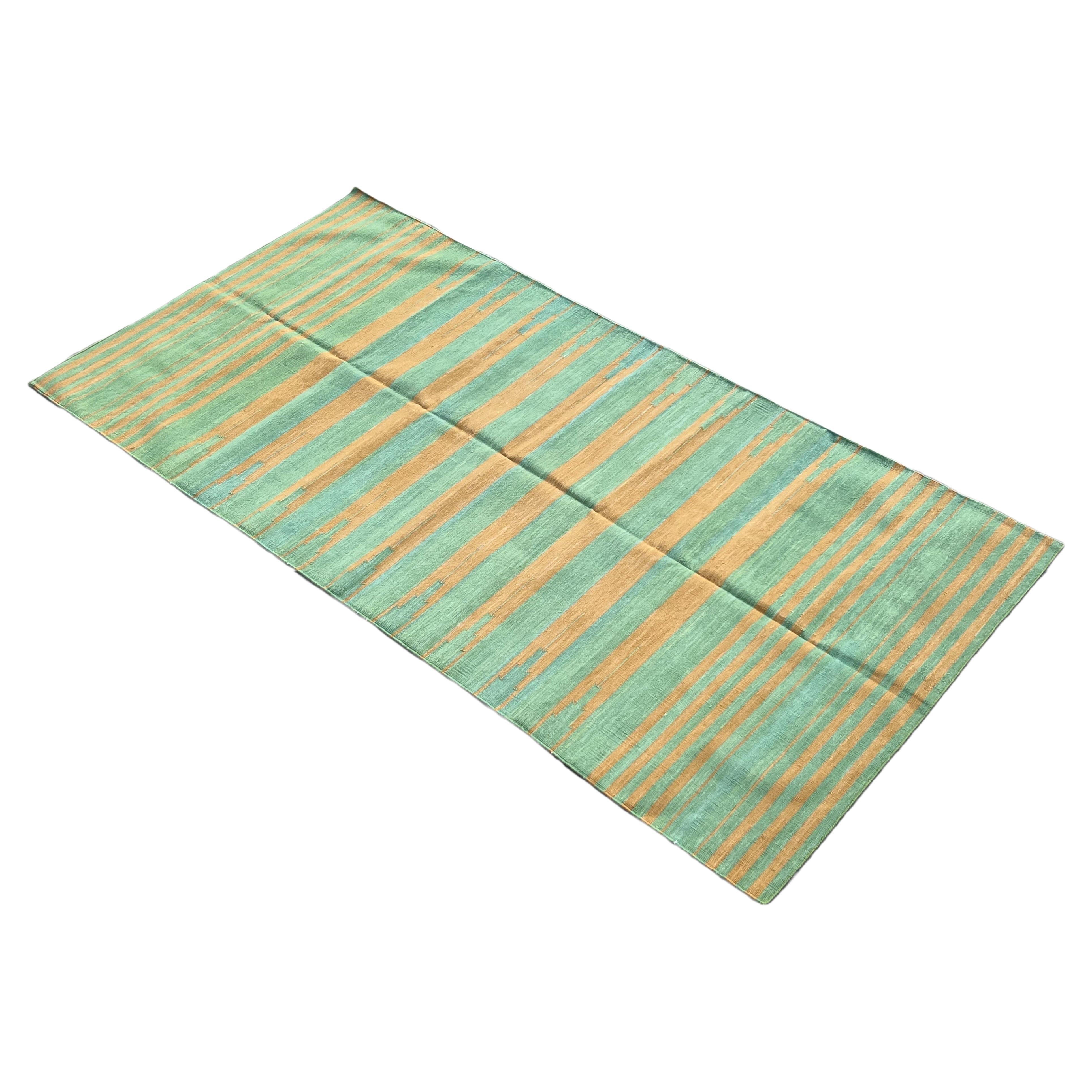 Handmade Cotton Area Flat Weave Rug, 5x8 Green And Mustard Stripe Indian Dhurrie For Sale