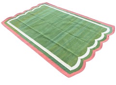 Handmade Cotton Area Flat Weave Rug, 5x8 Green And Pink Scalloped Kilim Dhurrie