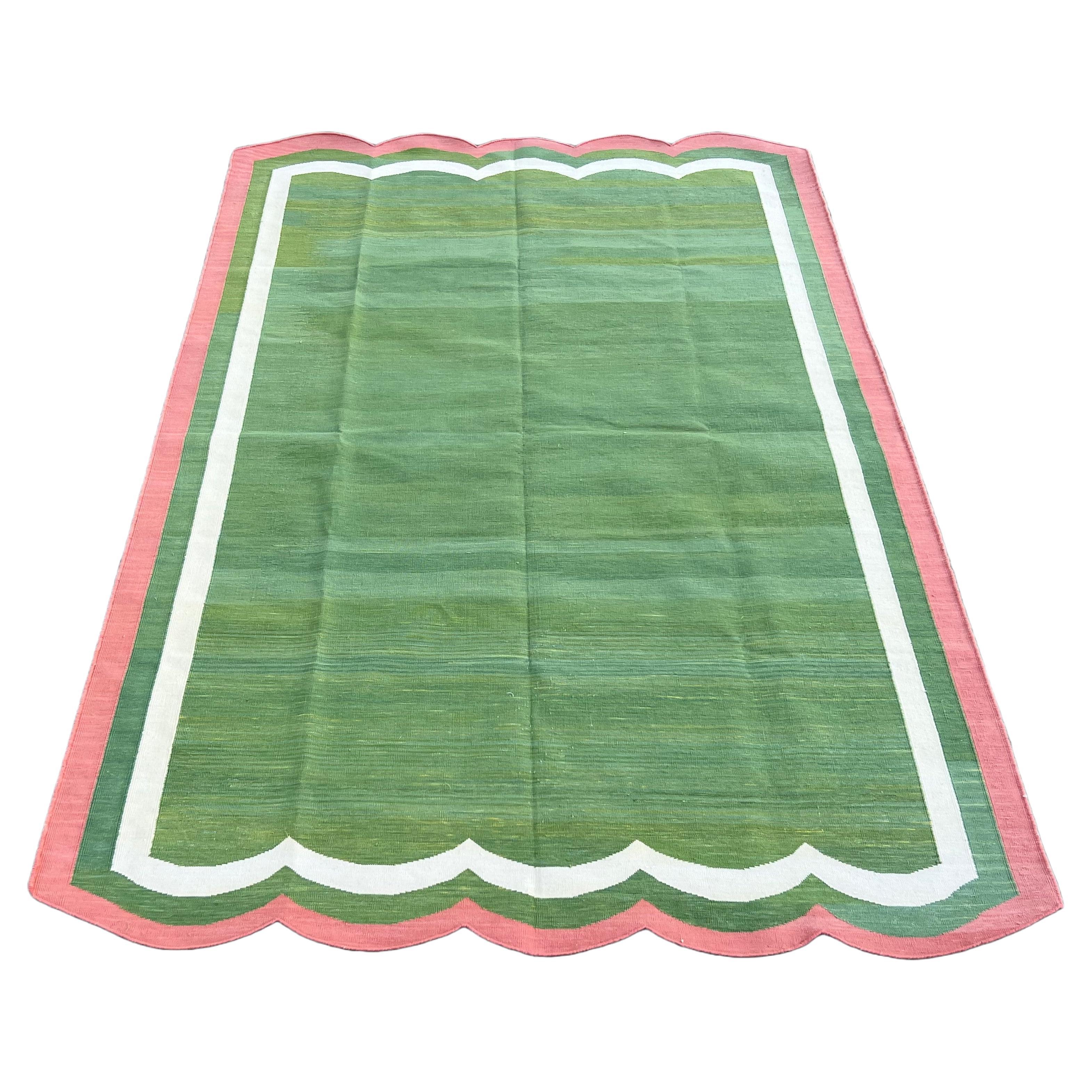 Handmade Cotton Area Flat Weave Rug, 5x8 Green And Pink Scalloped Kilim Dhurrie For Sale