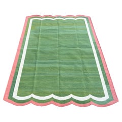 Alfombra de Algodón Hecha a Mano, 5x8 Verde y Rosa Festoneada Kilim Dhurrie