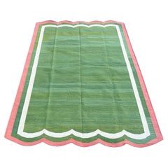 Tapis Kilim Dhurrie à tissage plat fait à la main, 5x8 vert et rose festonné