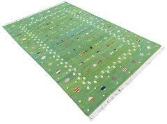 Handmade Cotton Area Flat Weave Rug, 5x8 Green Shooting Star Indian Dhurrie Rug