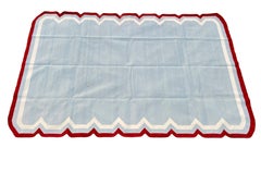 Handmade Cotton Area Flat Weave Rug, 5x8 Sky Blue And Red Scallop Indian Dhurrie