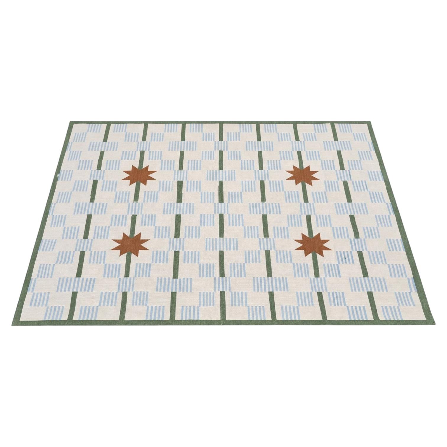 Handmade Cotton Area Flat Weave Rug, 5x8 Sky Blue, Cream Star Dash Indian Durrie For Sale