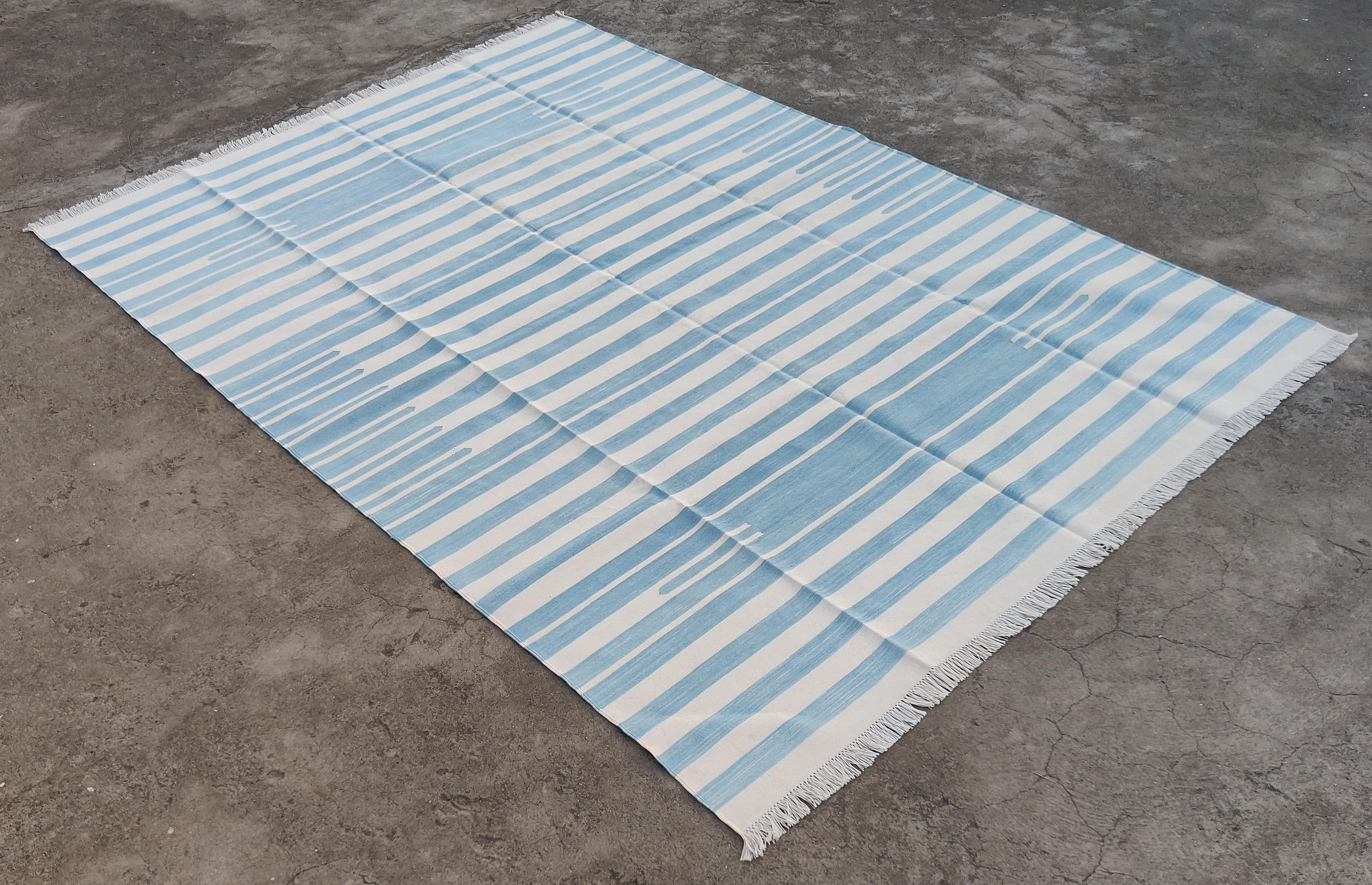 Handmade Cotton Area Flat Weave Rug, 5x8 Sky Blue, White Striped Indian Dhurrie For Sale 4