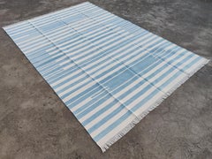 Handmade Cotton Area Flat Weave Rug, 5x8 Sky Blue, White Striped Indian Dhurrie