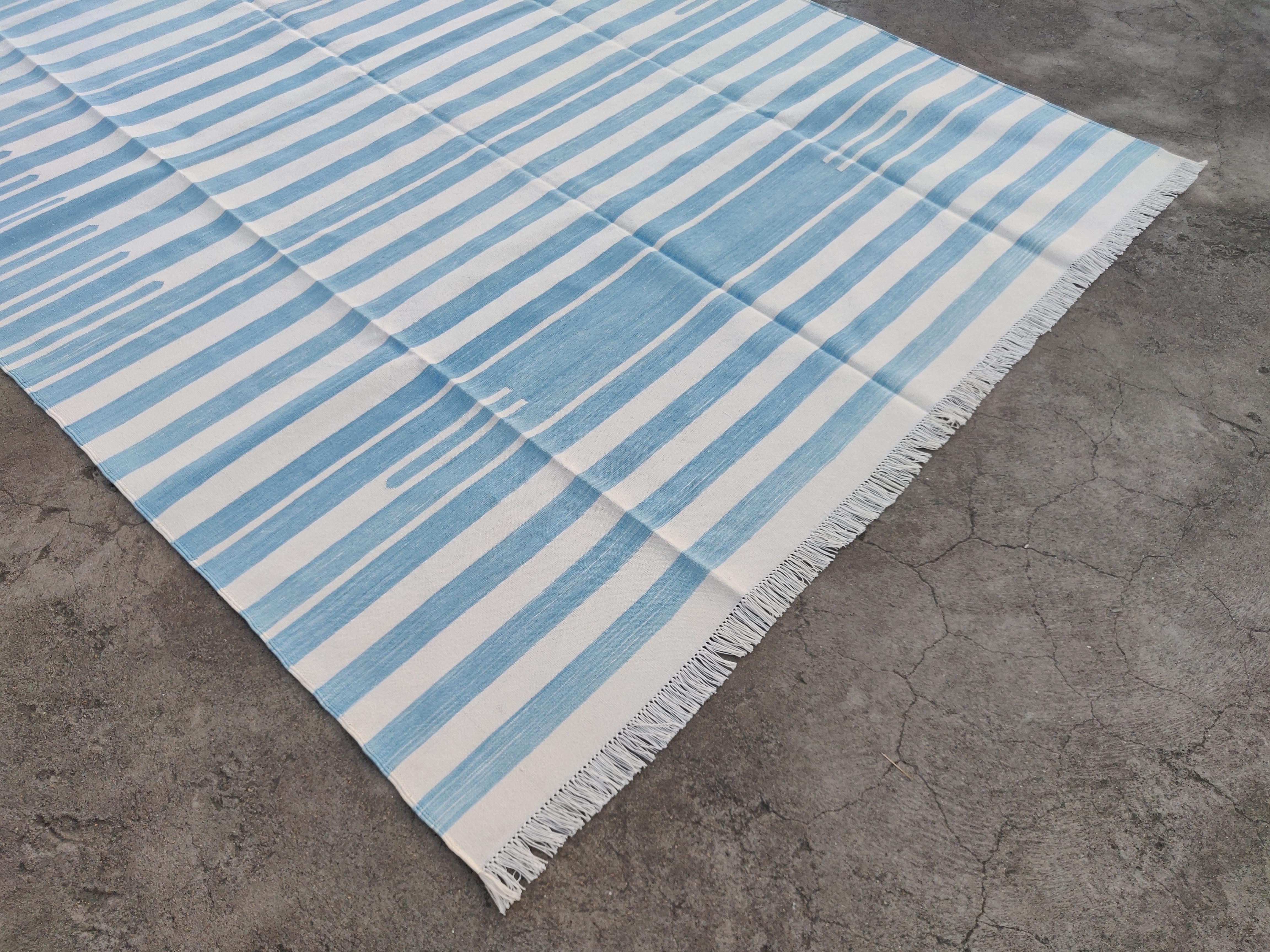 Hand-Woven Handmade Cotton Area Flat Weave Rug, 5x8 Sky Blue, White Striped Indian Dhurrie For Sale
