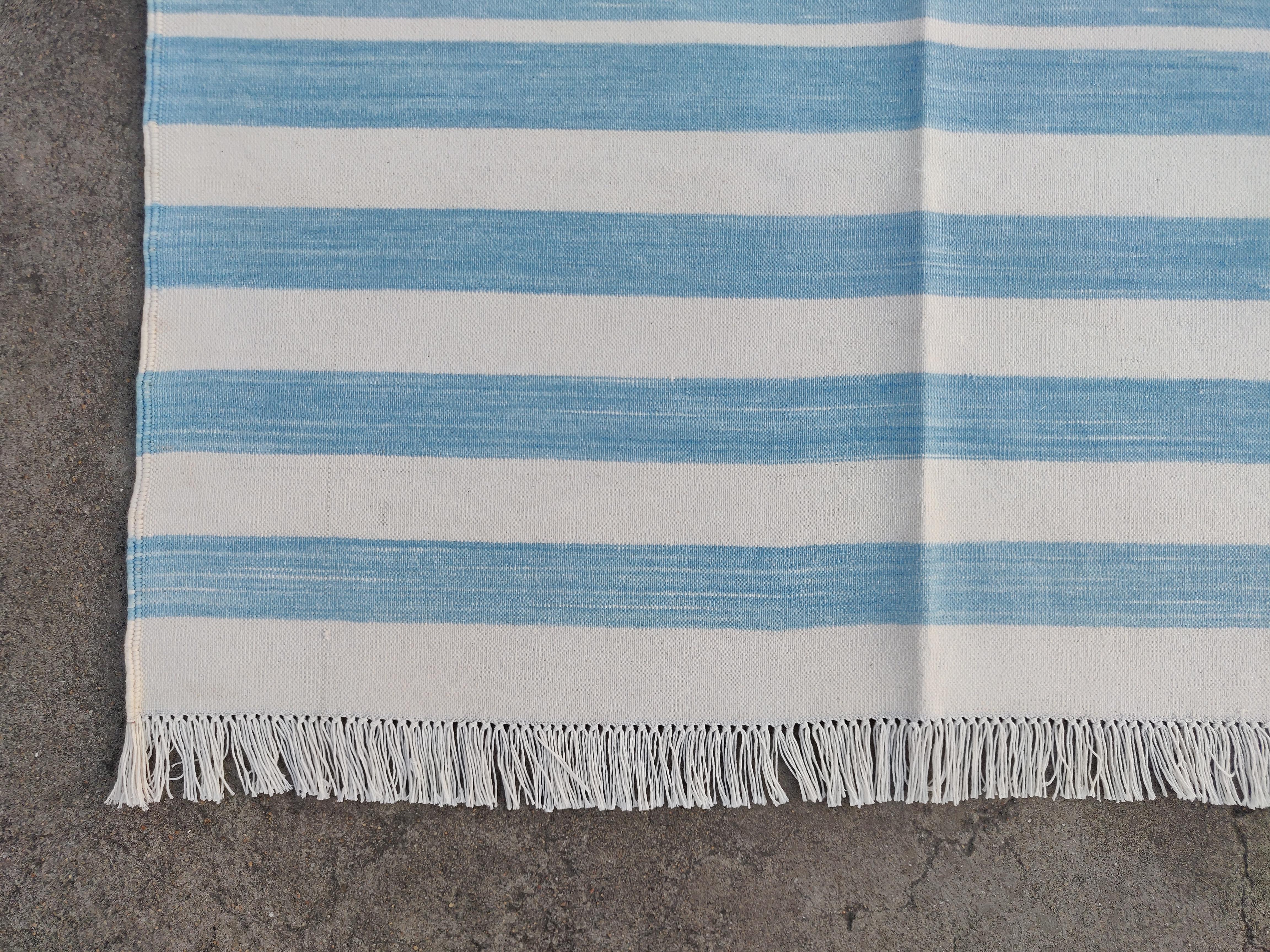 Handmade Cotton Area Flat Weave Rug, 5x8 Sky Blue, White Striped Indian Dhurrie For Sale 2