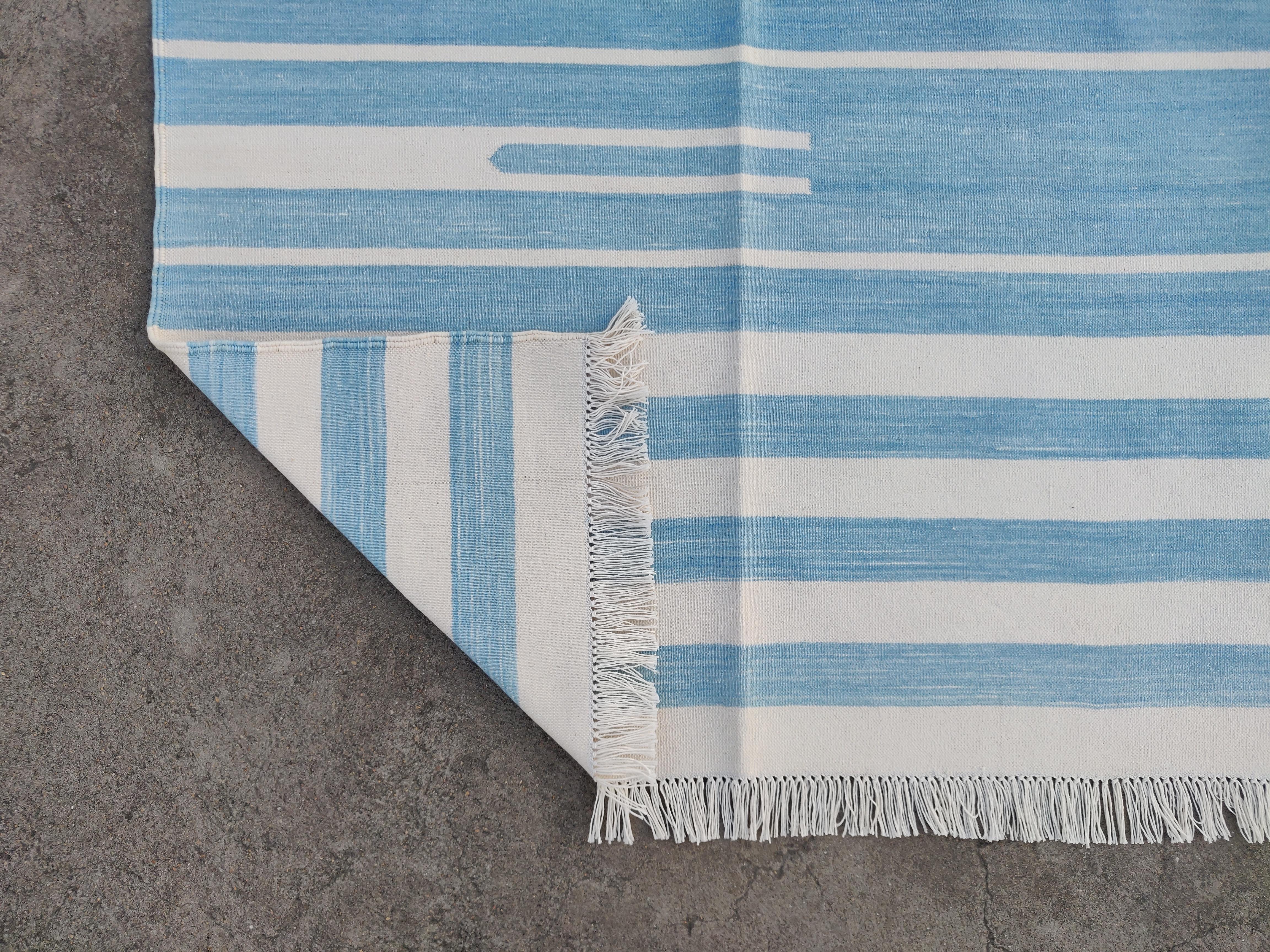 Handmade Cotton Area Flat Weave Rug, 5x8 Sky Blue, White Striped Indian Dhurrie For Sale 3