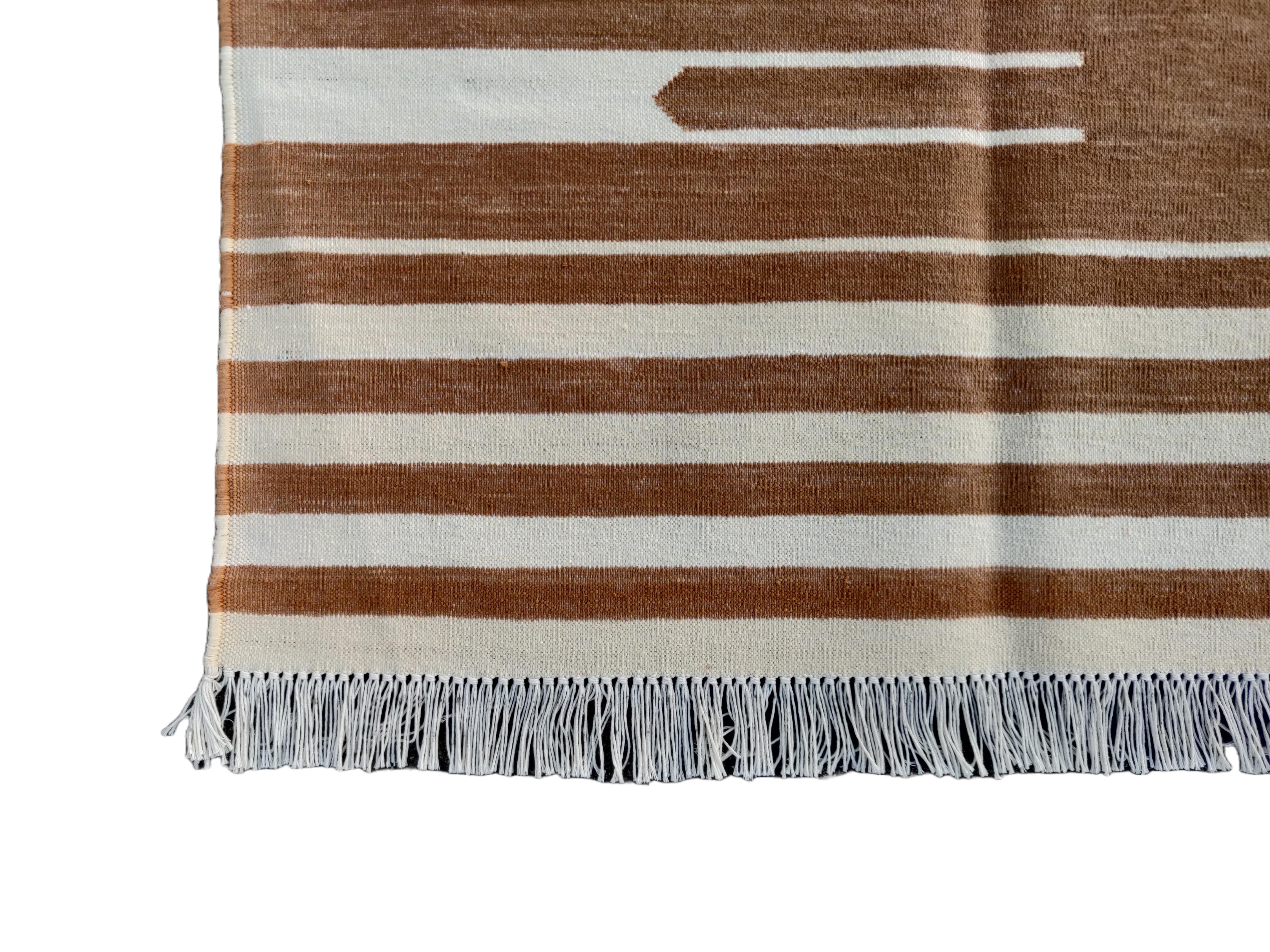 Handmade Cotton Area Flat Weave Rug, 5x8 Tan And White Striped Indian Dhurrie For Sale 1