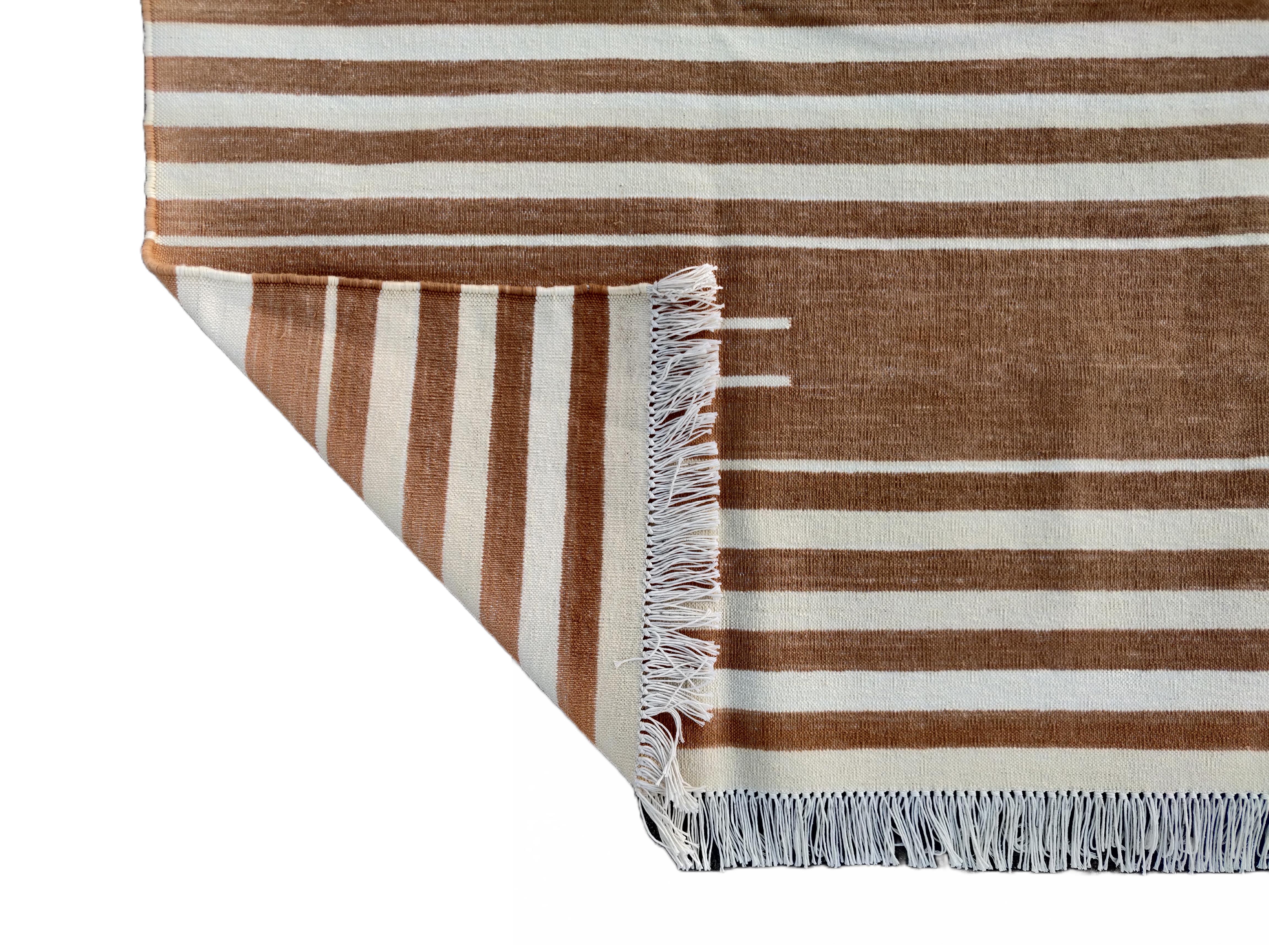 Handmade Cotton Area Flat Weave Rug, 5x8 Tan And White Striped Indian Dhurrie For Sale 2