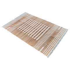 Handmade Cotton Area Flat Weave Rug, 5x8 Tan And White Striped Indian Dhurrie
