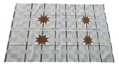 Tappeto in cotone fatto a mano a trama piatta, 5x8, bianco e beige, con motivo a stelle e strisce, Dhurrie indiano