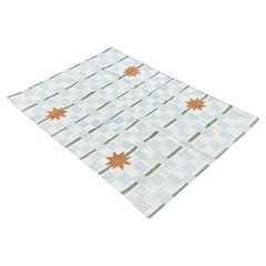 Tappeto in cotone fatto a mano a trama piatta, 5x8, bianco e beige, con motivo a stelle e strisce, Dhurrie indiano