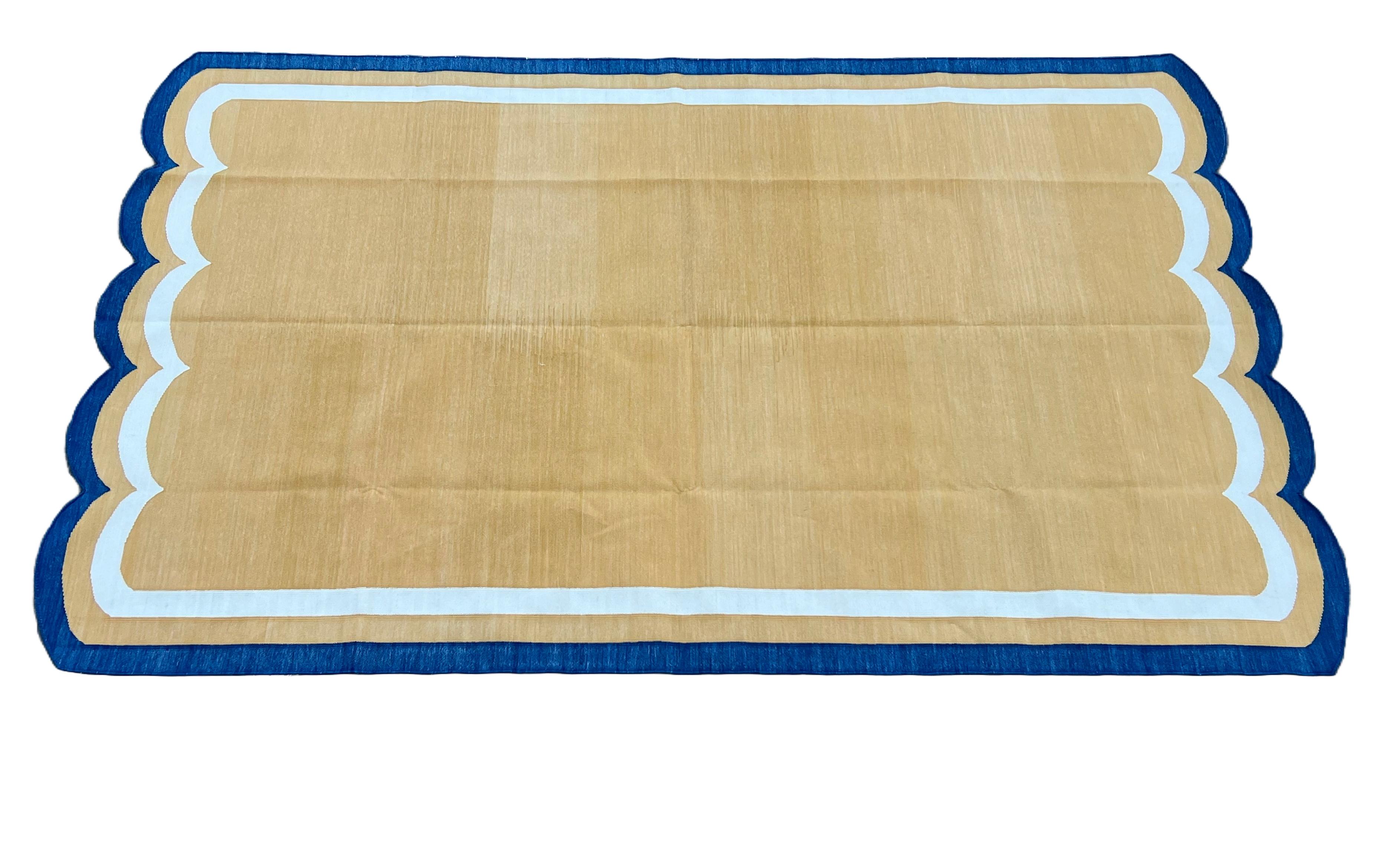 Hand-Woven Handmade Cotton Area Flat Weave Rug, 5x8 Yellow And Blue Scallop Indian Dhurrie For Sale