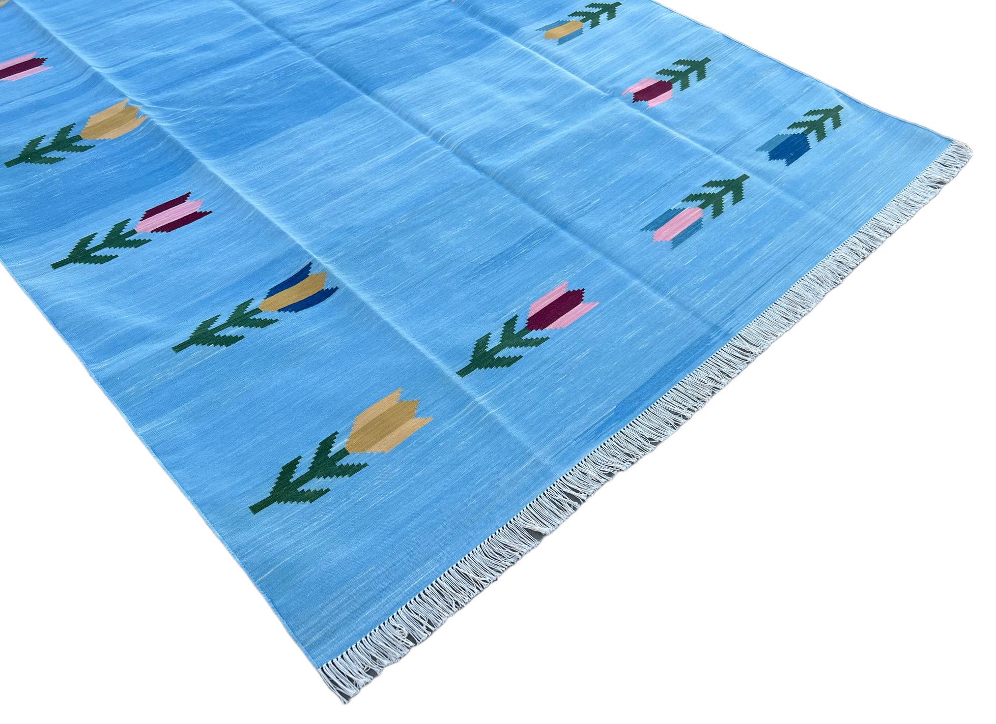 Contemporary Handmade Cotton Area Flat Weave Rug, 6x6 Sky Blue Leaf Patterned Indian Dhurrie For Sale