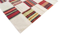 Handmade Cotton Area Flat Weave Rug, 6x8 Beige And Red Striped Indian Dhurrie