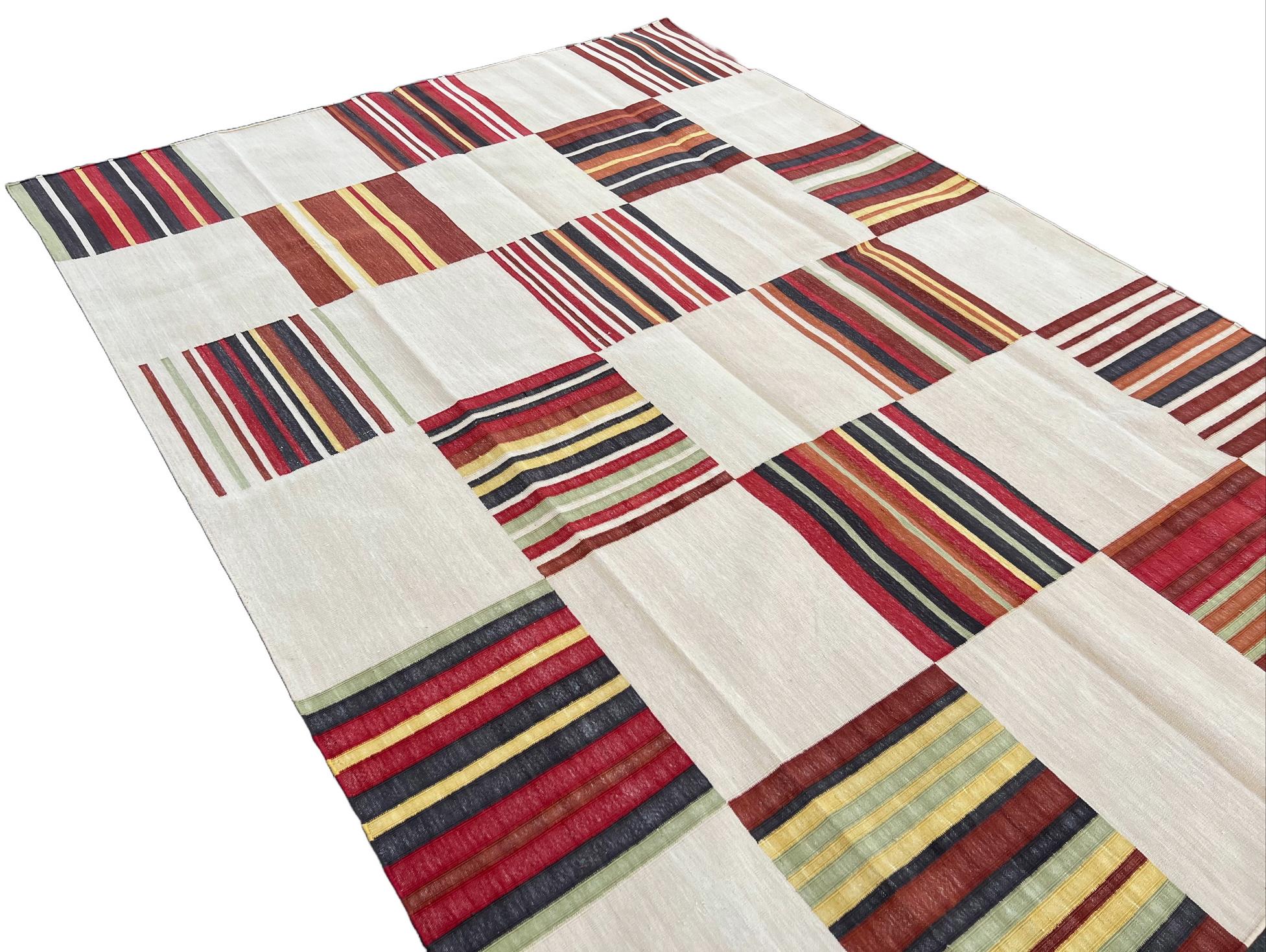 Mid-Century Modern Handmade Cotton Area Flat Weave Rug, 6x8 Beige And Red Striped Indian Dhurrie For Sale