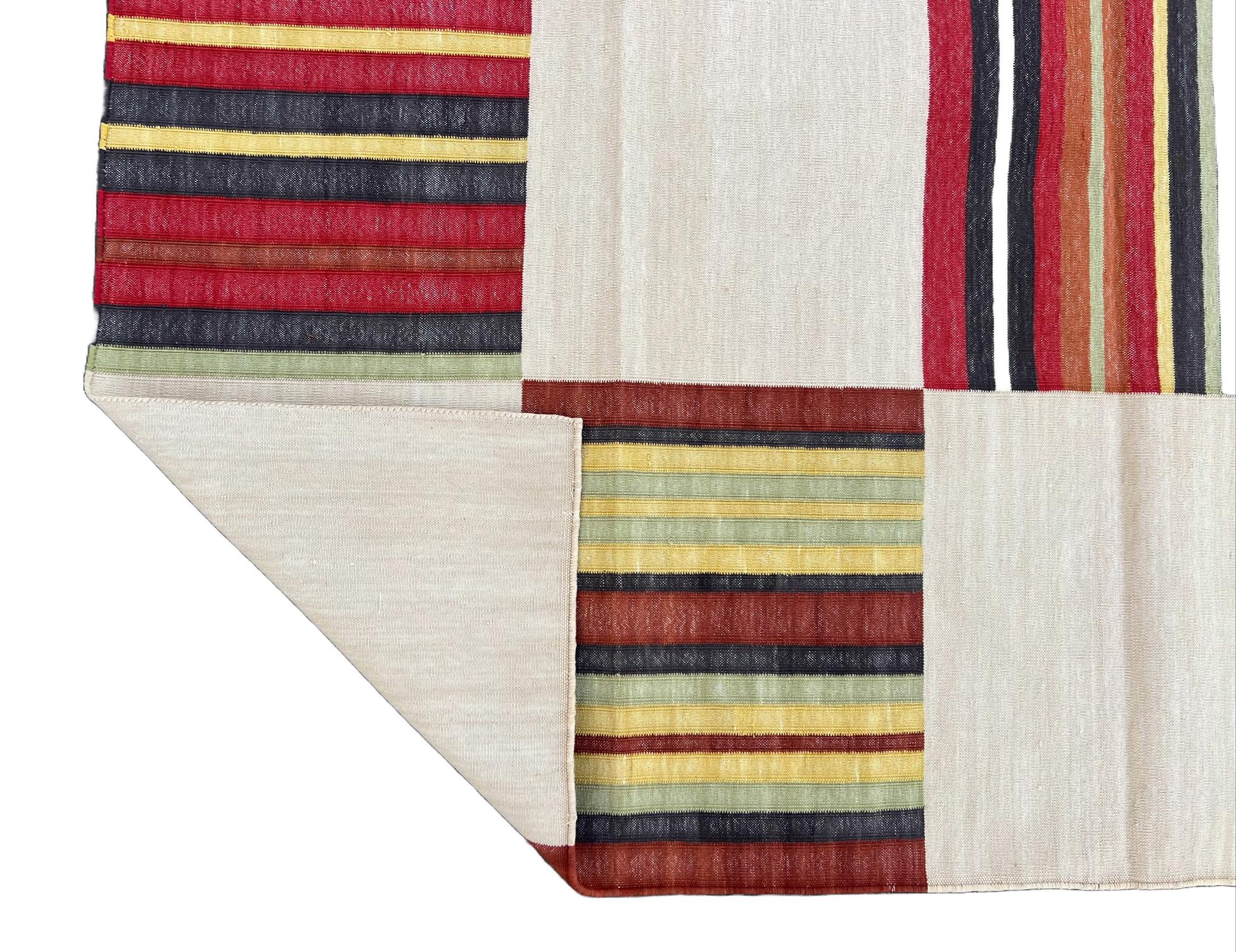 Handmade Cotton Area Flat Weave Rug, 6x8 Beige And Red Striped Indian Dhurrie For Sale 1