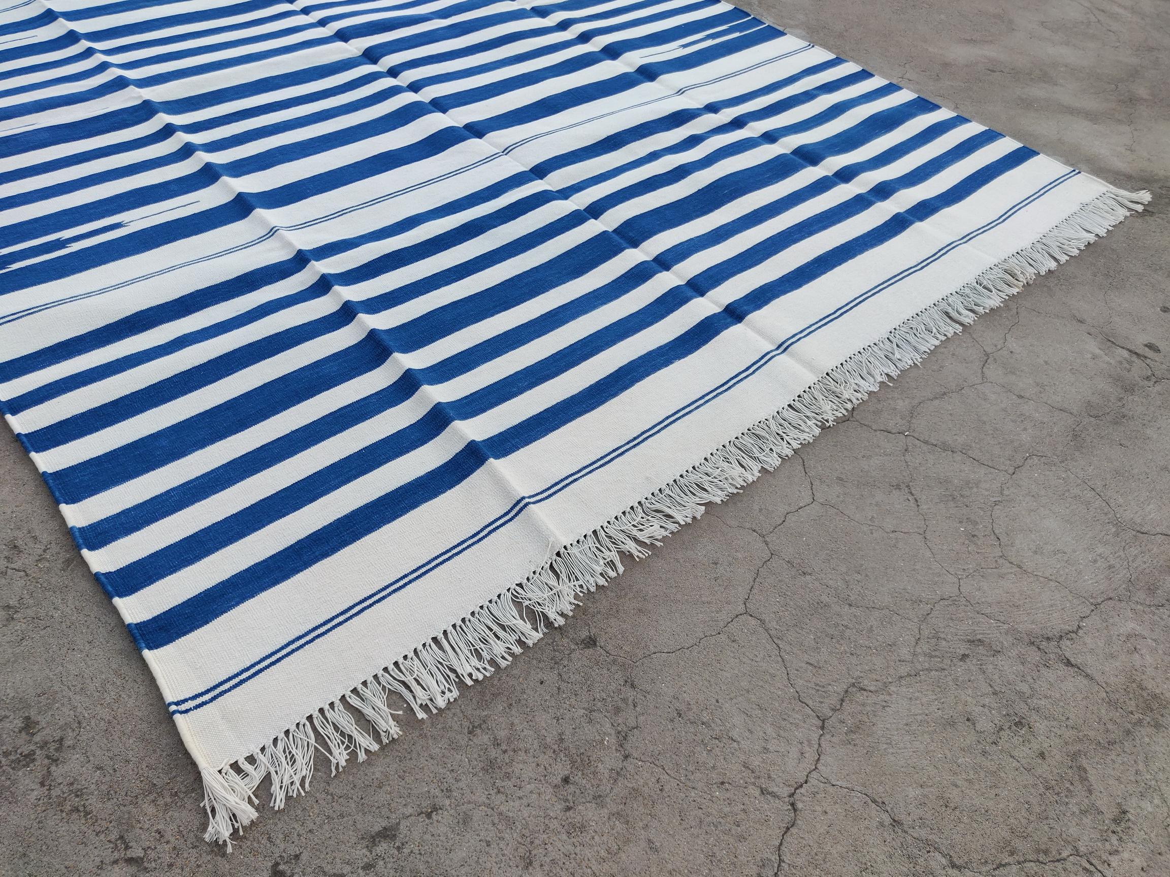Mid-Century Modern Handmade Cotton Area Flat Weave Rug, 6x8 Blue And White Striped Indian Dhurrie For Sale