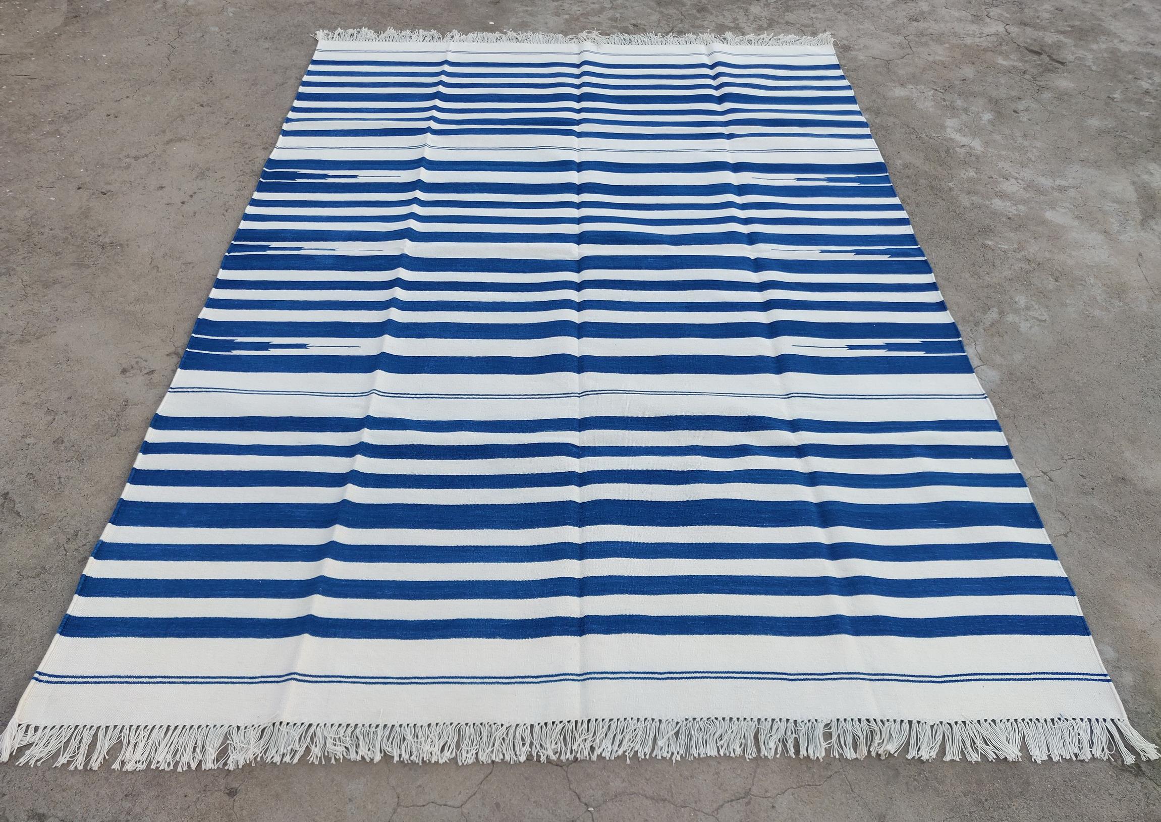 Contemporary Handmade Cotton Area Flat Weave Rug, 6x8 Blue And White Striped Indian Dhurrie For Sale