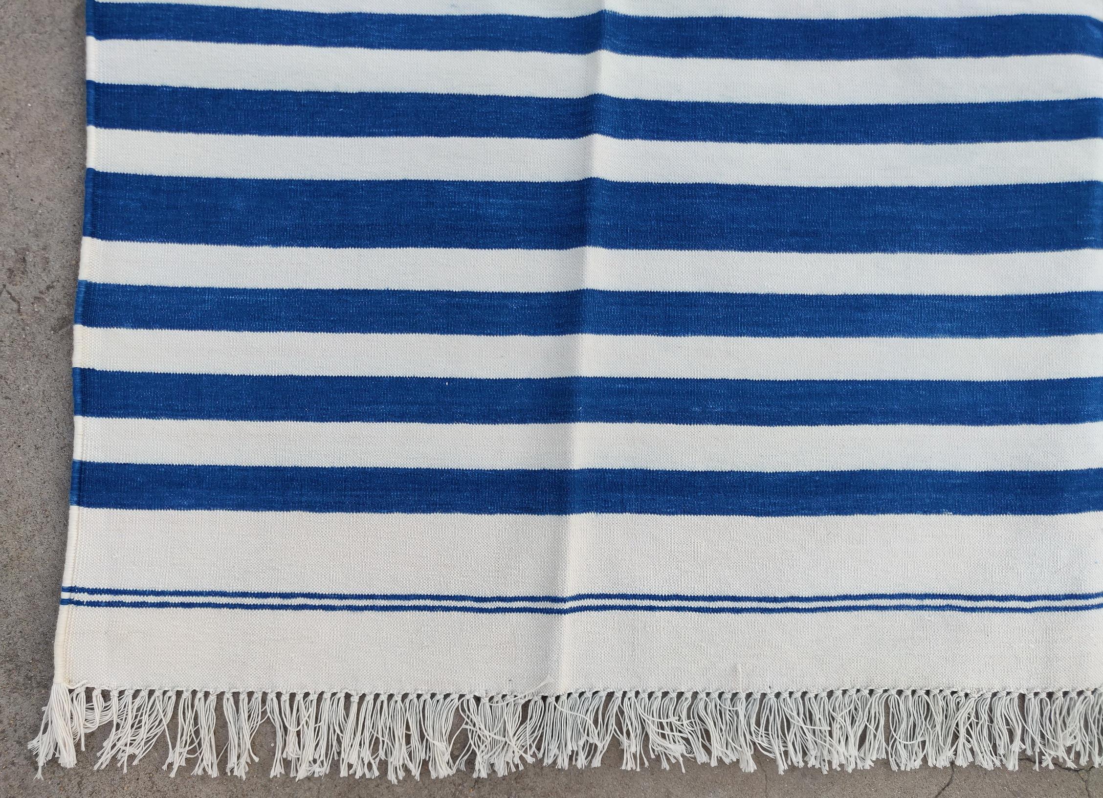 Handmade Cotton Area Flat Weave Rug, 6x8 Blue And White Striped Indian Dhurrie For Sale 1