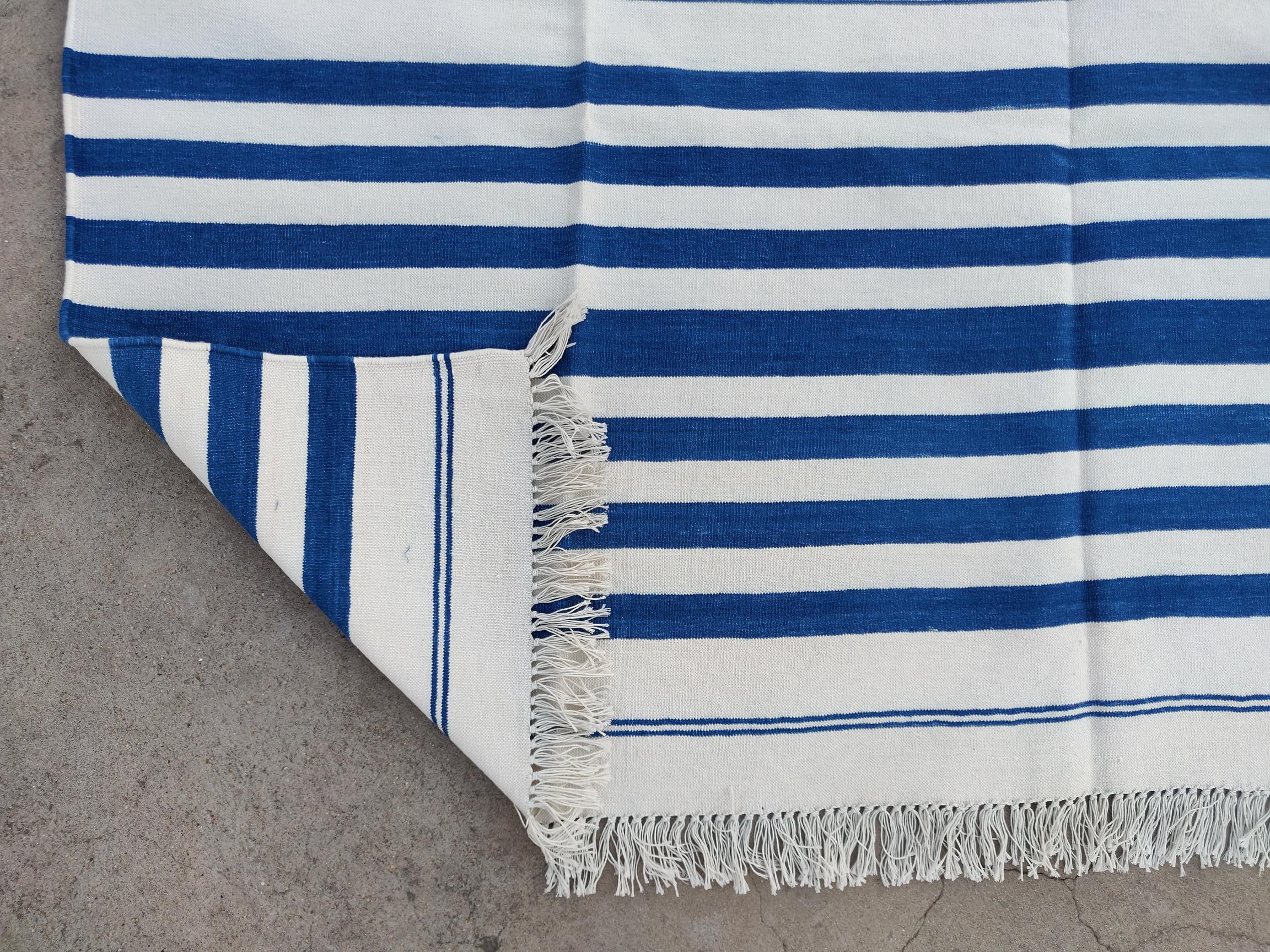Handmade Cotton Area Flat Weave Rug, 6x8 Blue And White Striped Indian Dhurrie For Sale 2